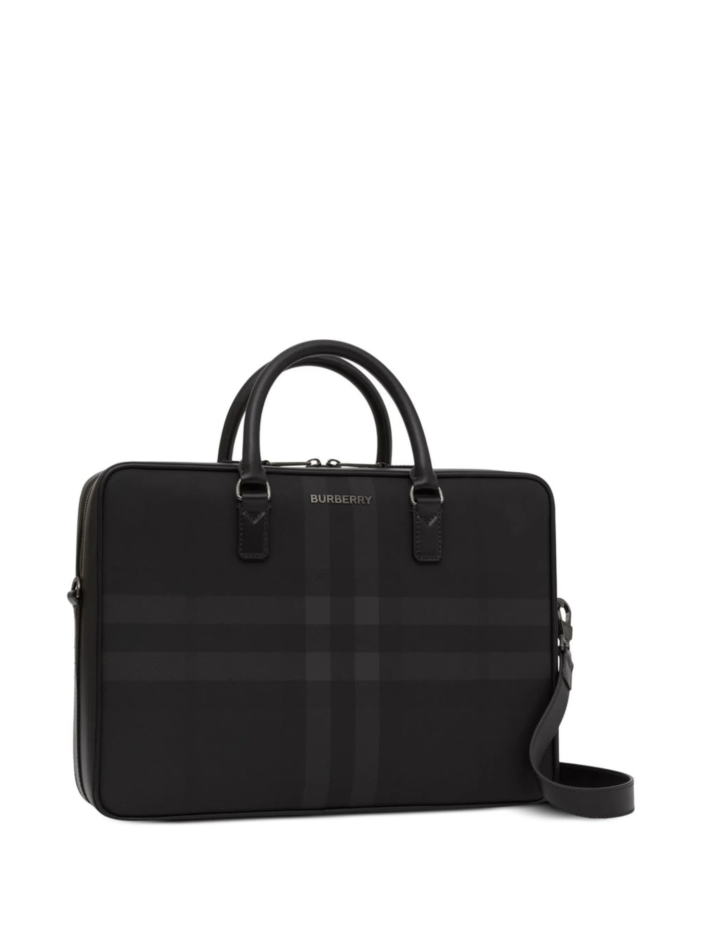 Check-print leather briefcase