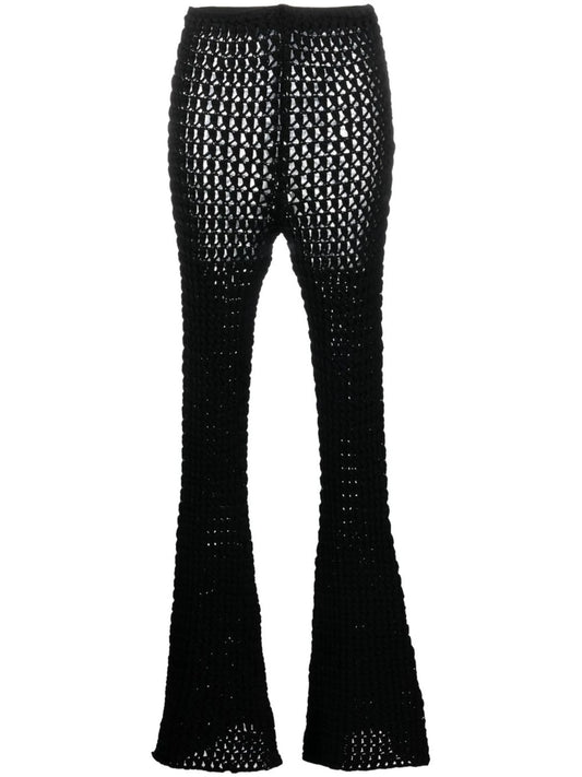 crochet-knit flared trousers