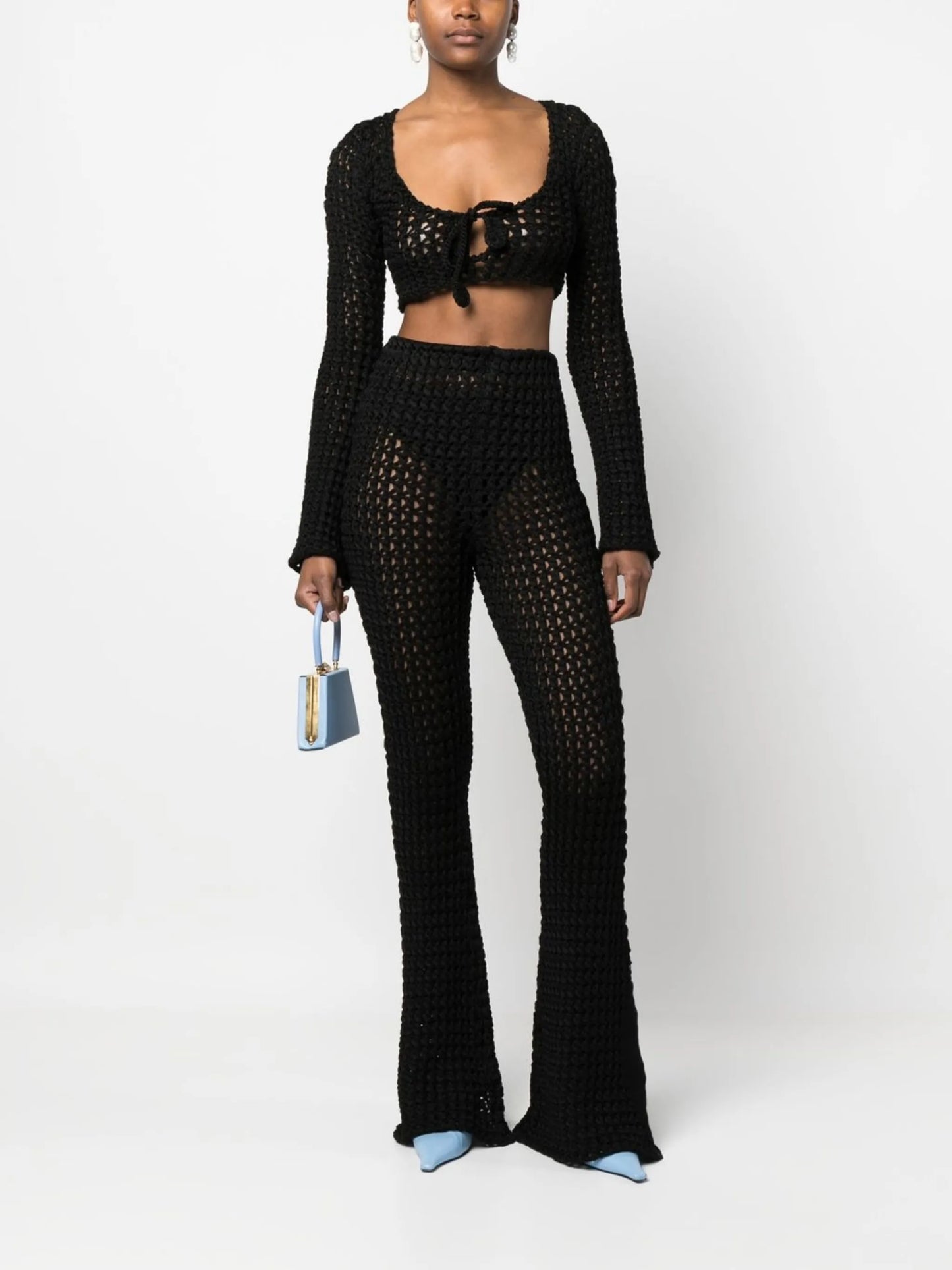 crochet-knit flared trousers