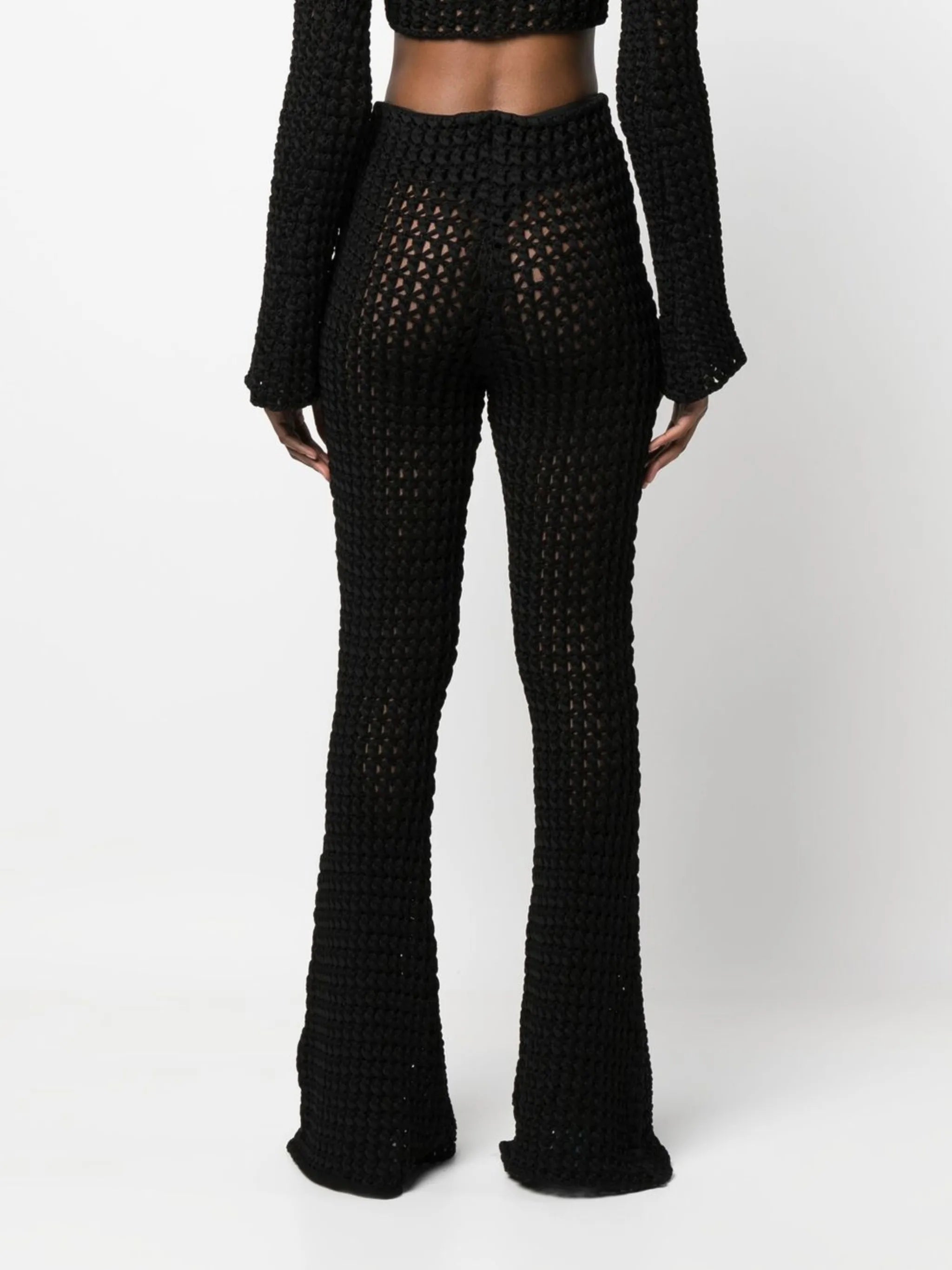 crochet-knit flared trousers
