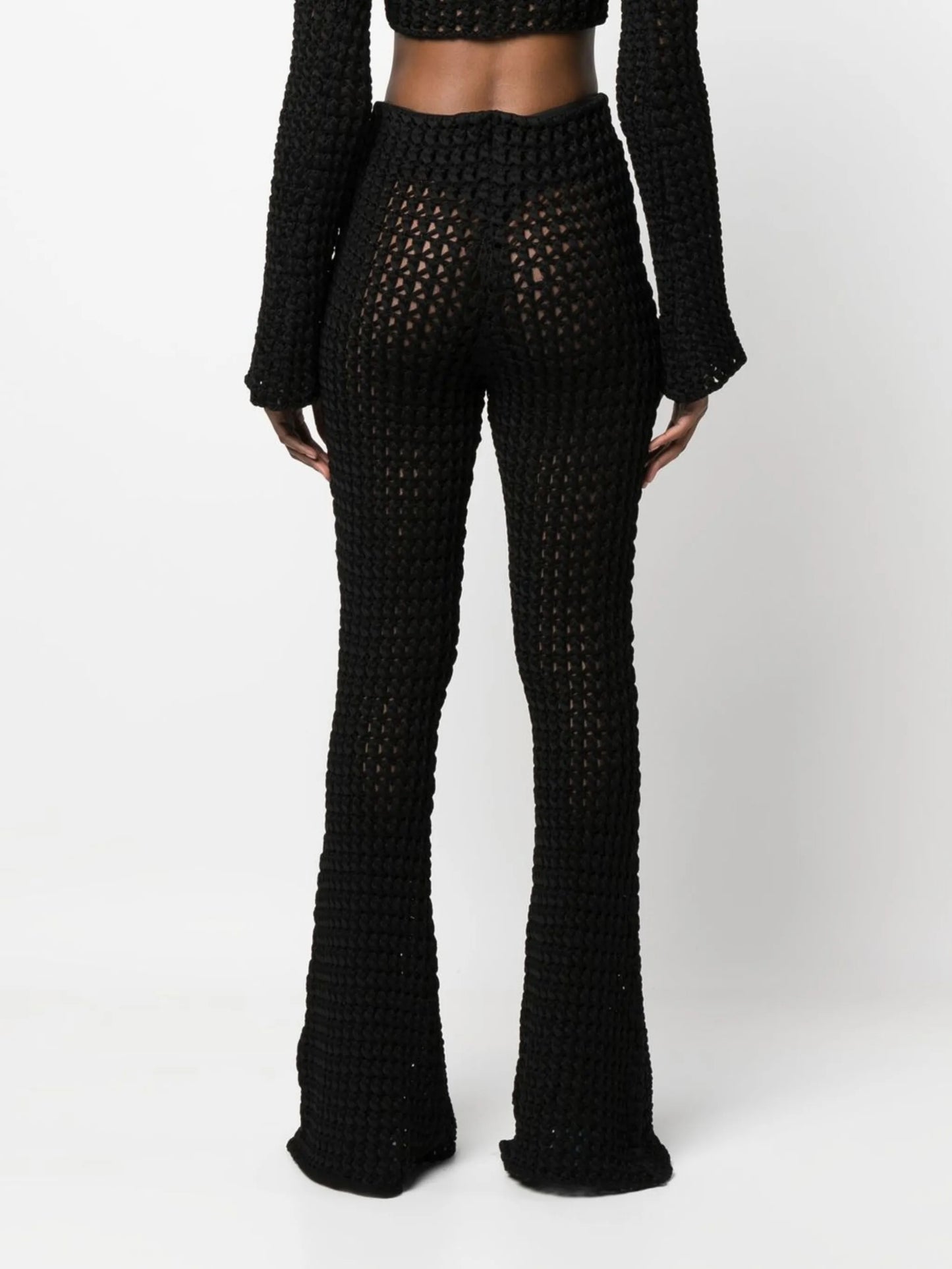 crochet-knit flared trousers