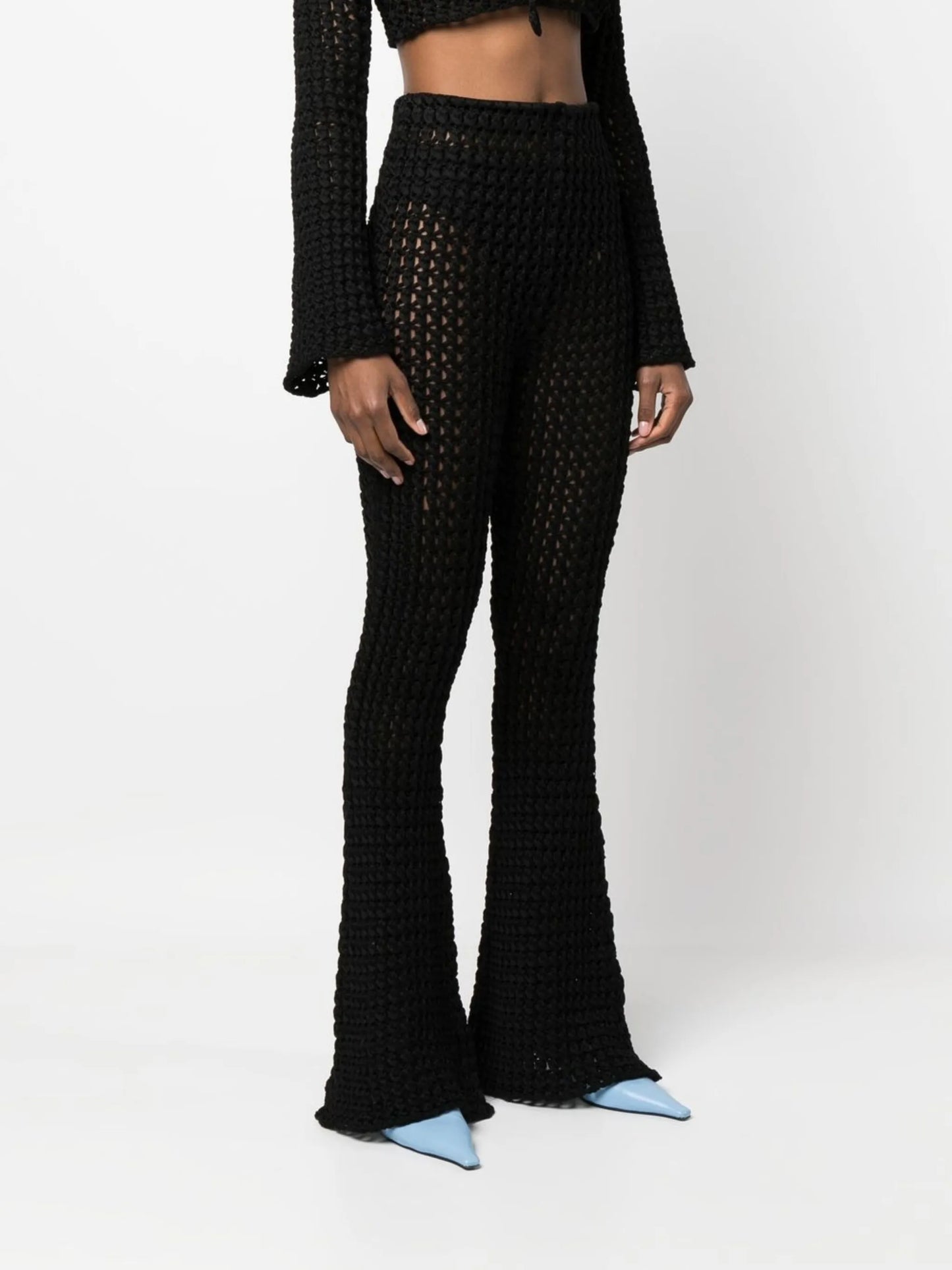 crochet-knit flared trousers