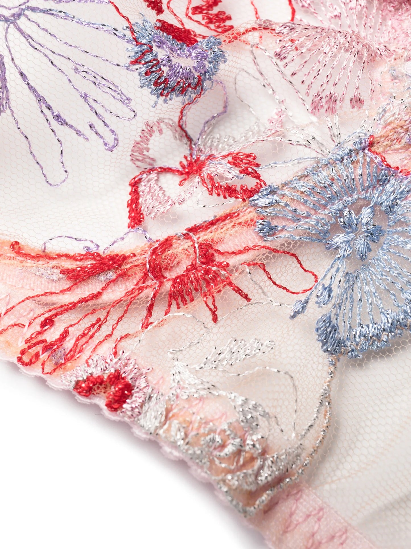 embroidered-design lace-panel bra