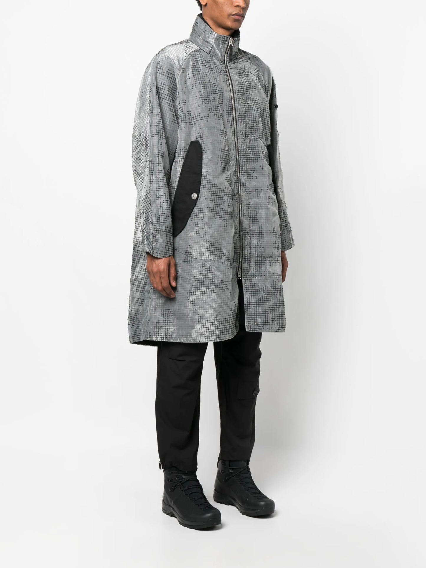 grid-pattern zip-up coat