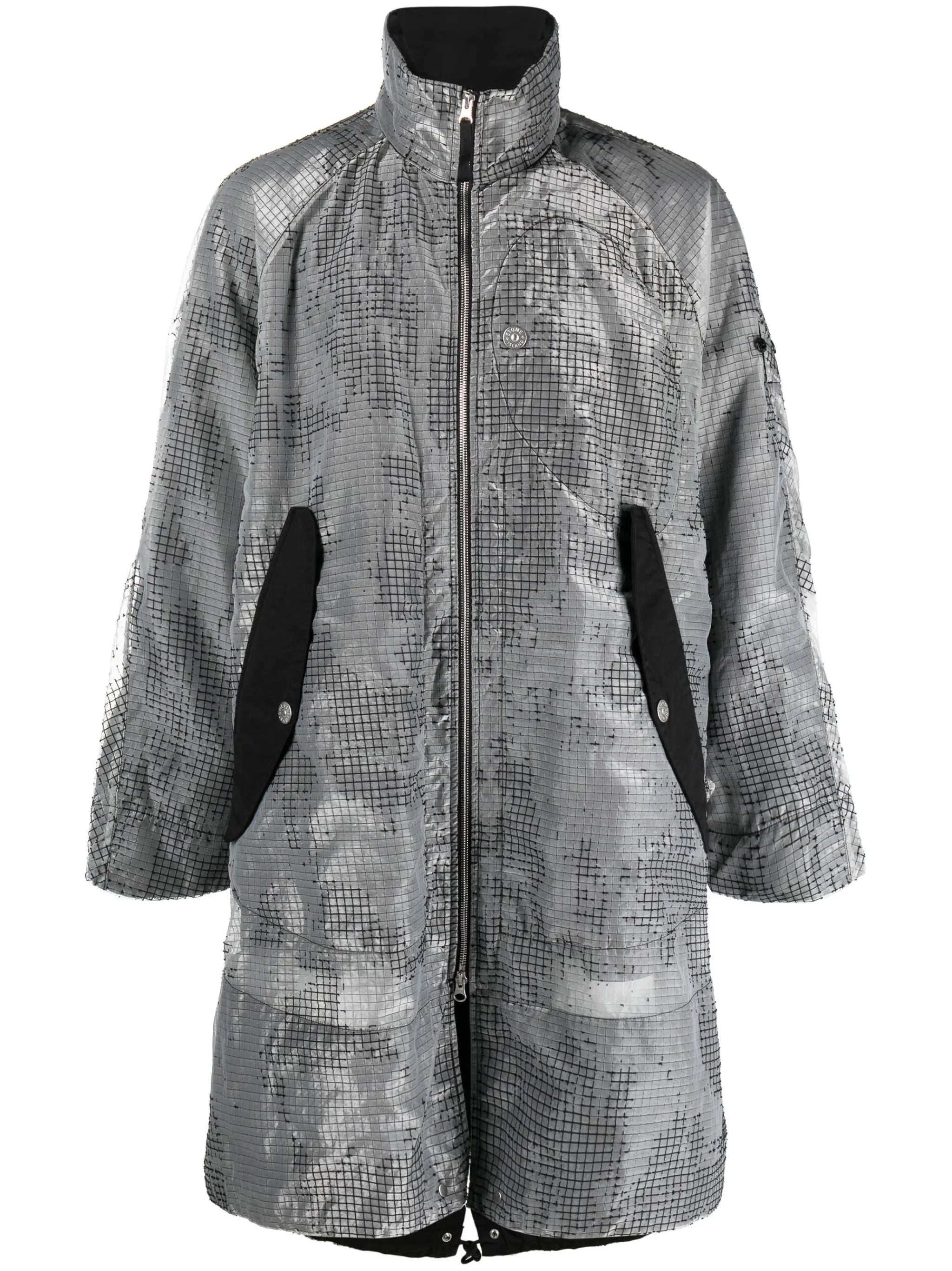grid-pattern zip-up coat