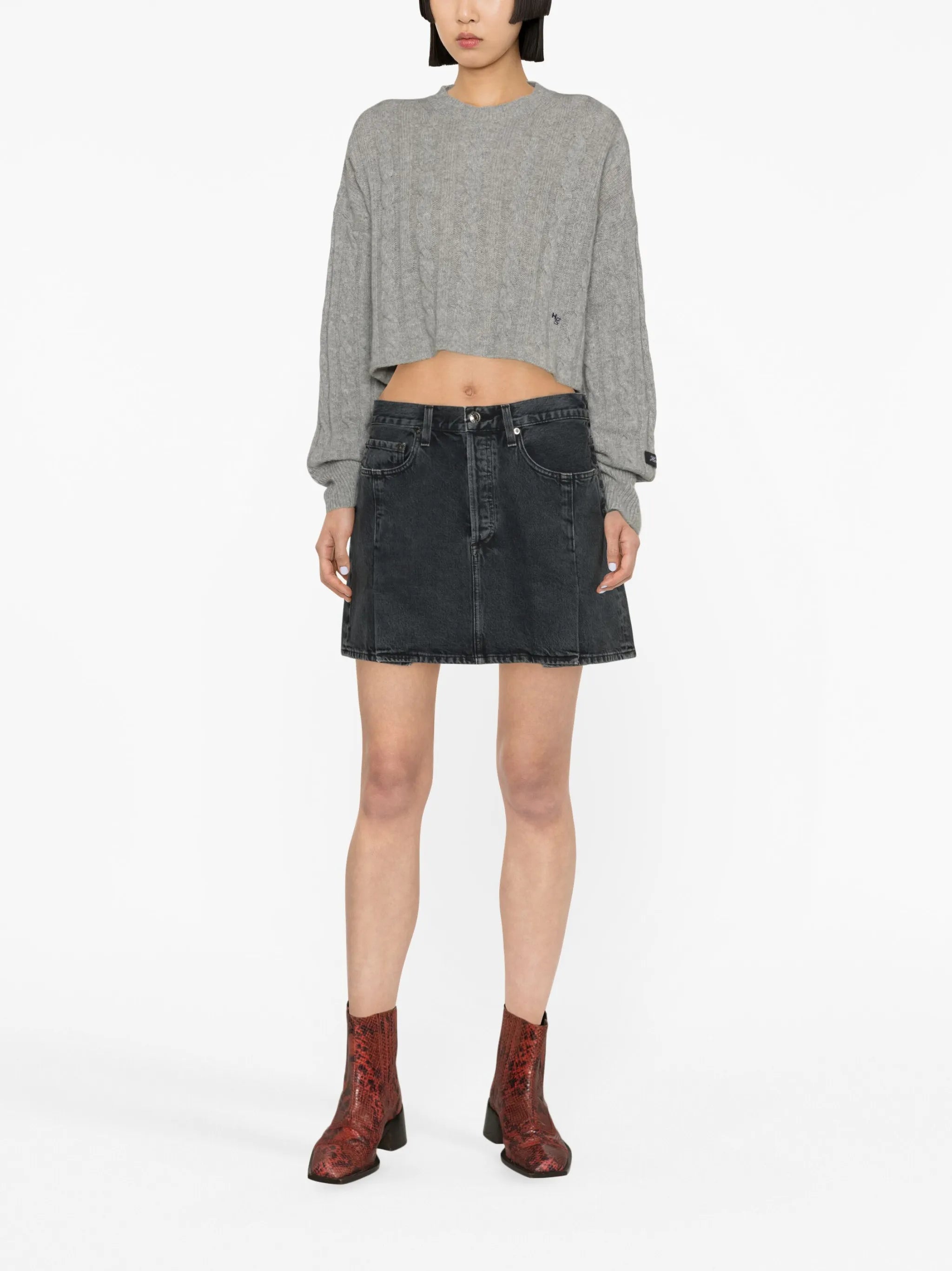pleated mini denim skirt