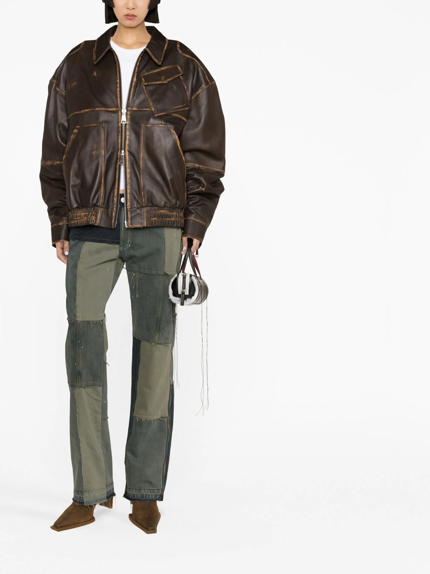panelled leather bomber jacket
