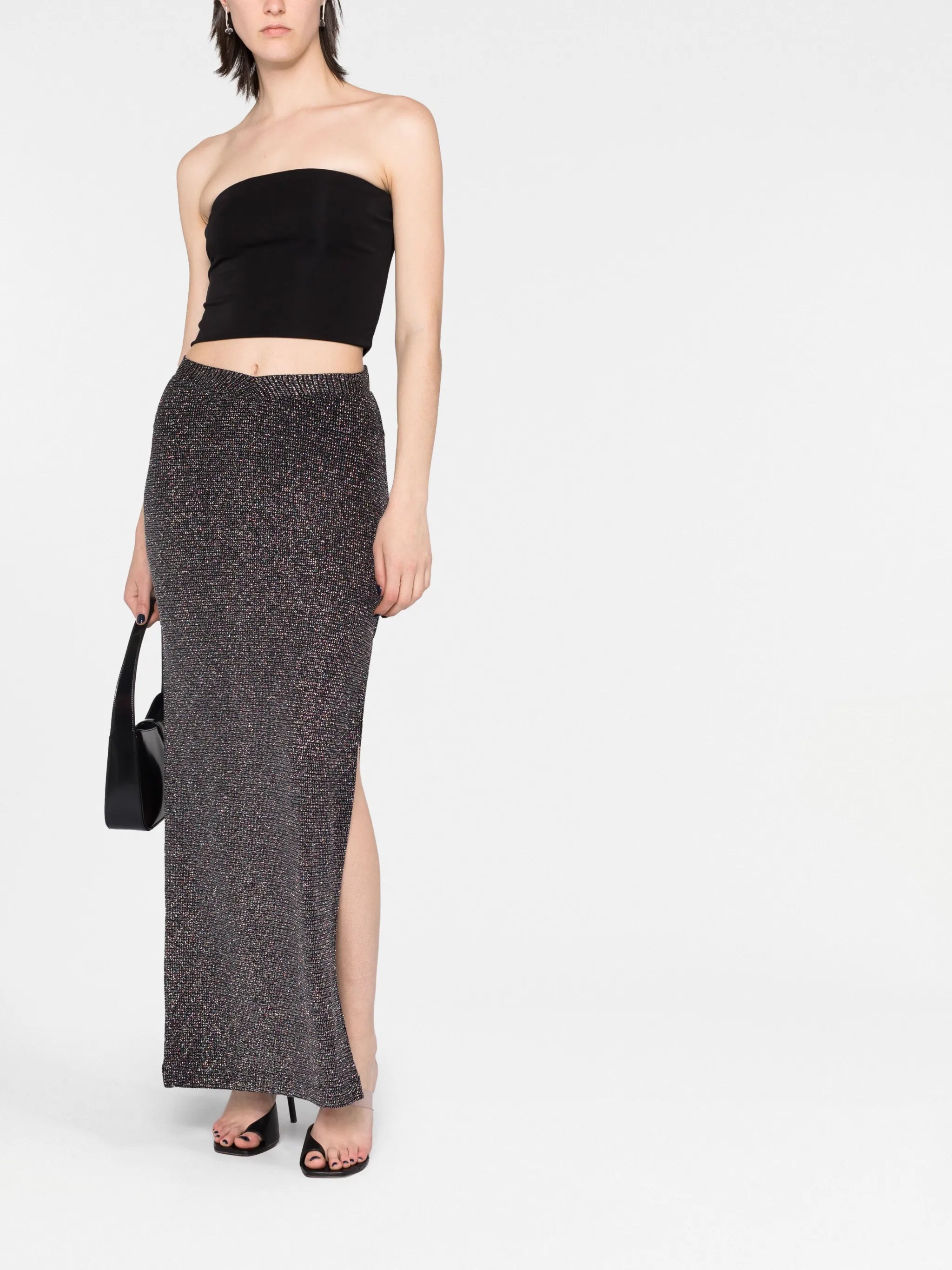metallic side-slit maxi skirt
