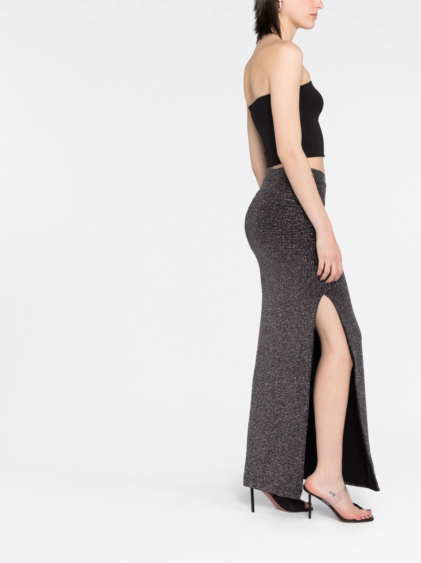 metallic side-slit maxi skirt
