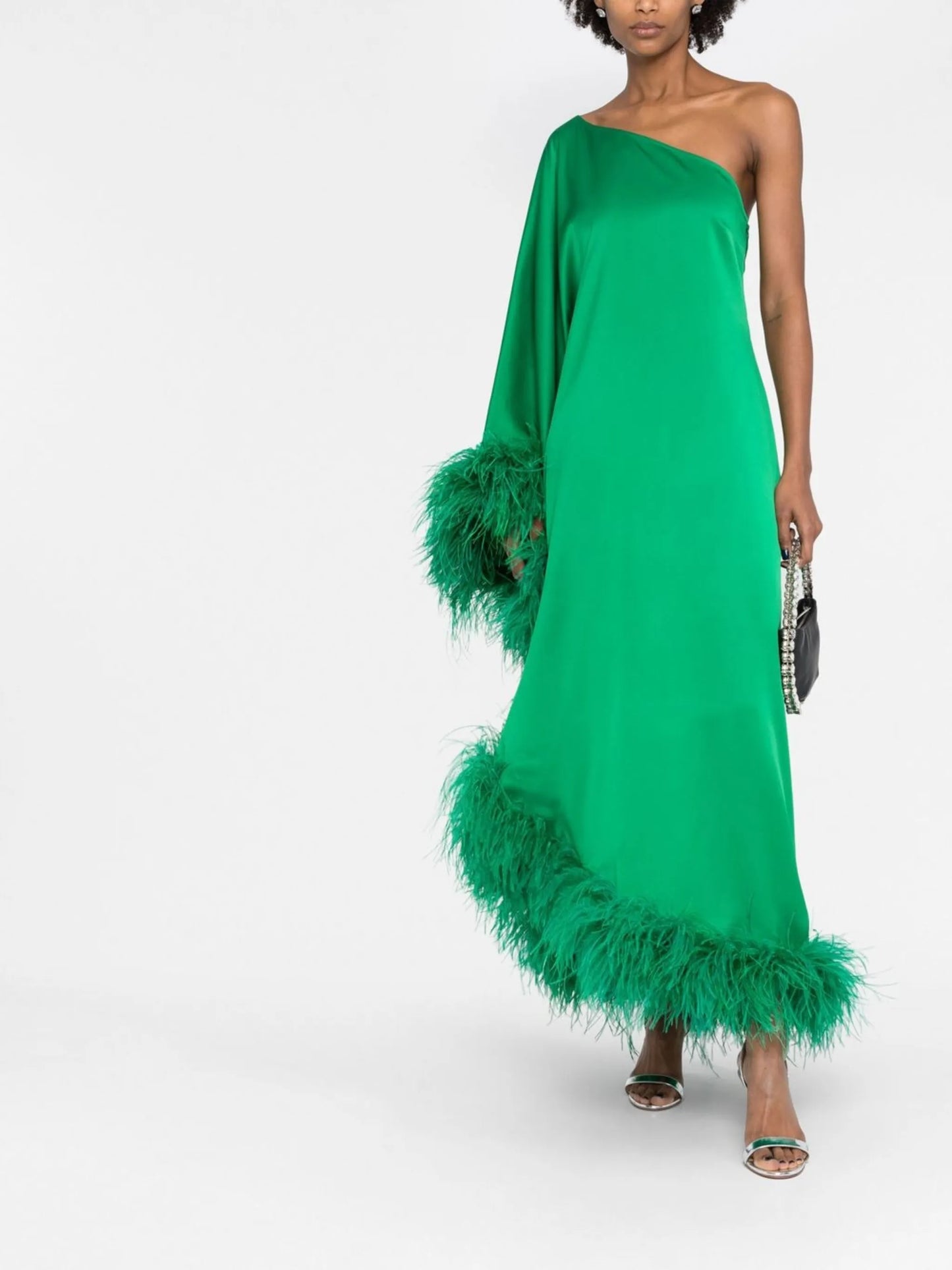 Ubud one-shoulder feather-trim gown
