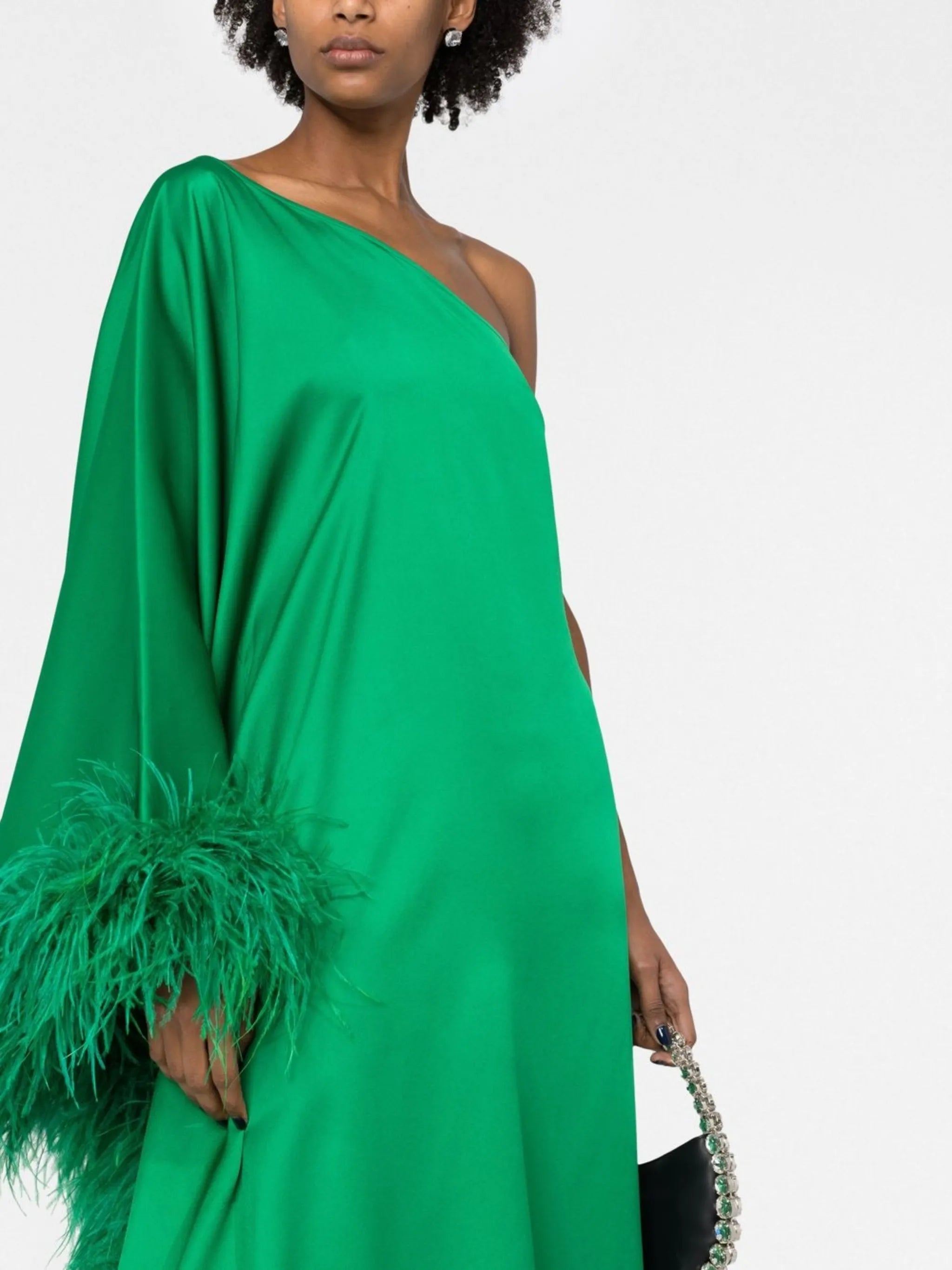 Ubud one-shoulder feather-trim gown