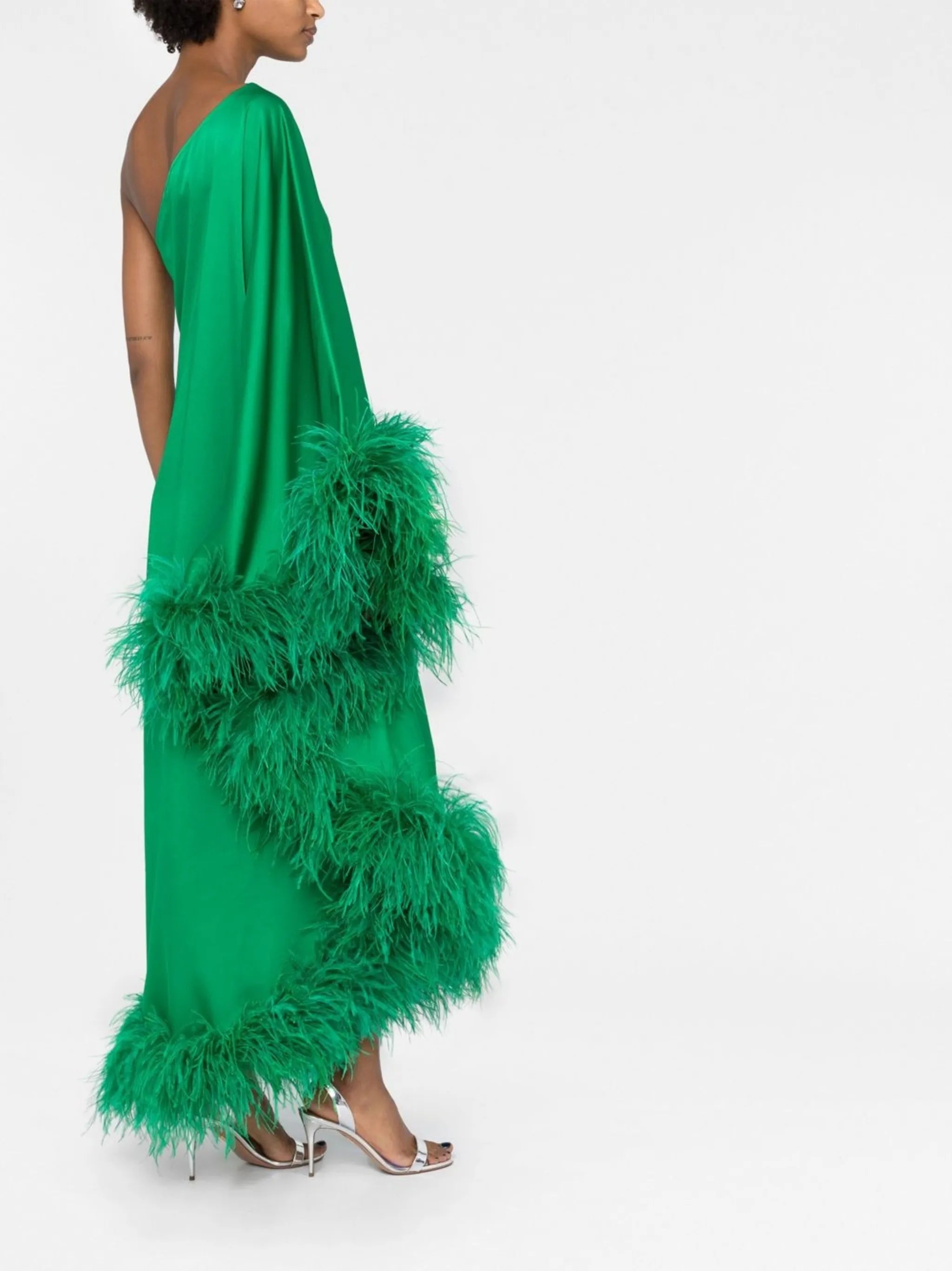 Ubud one-shoulder feather-trim gown