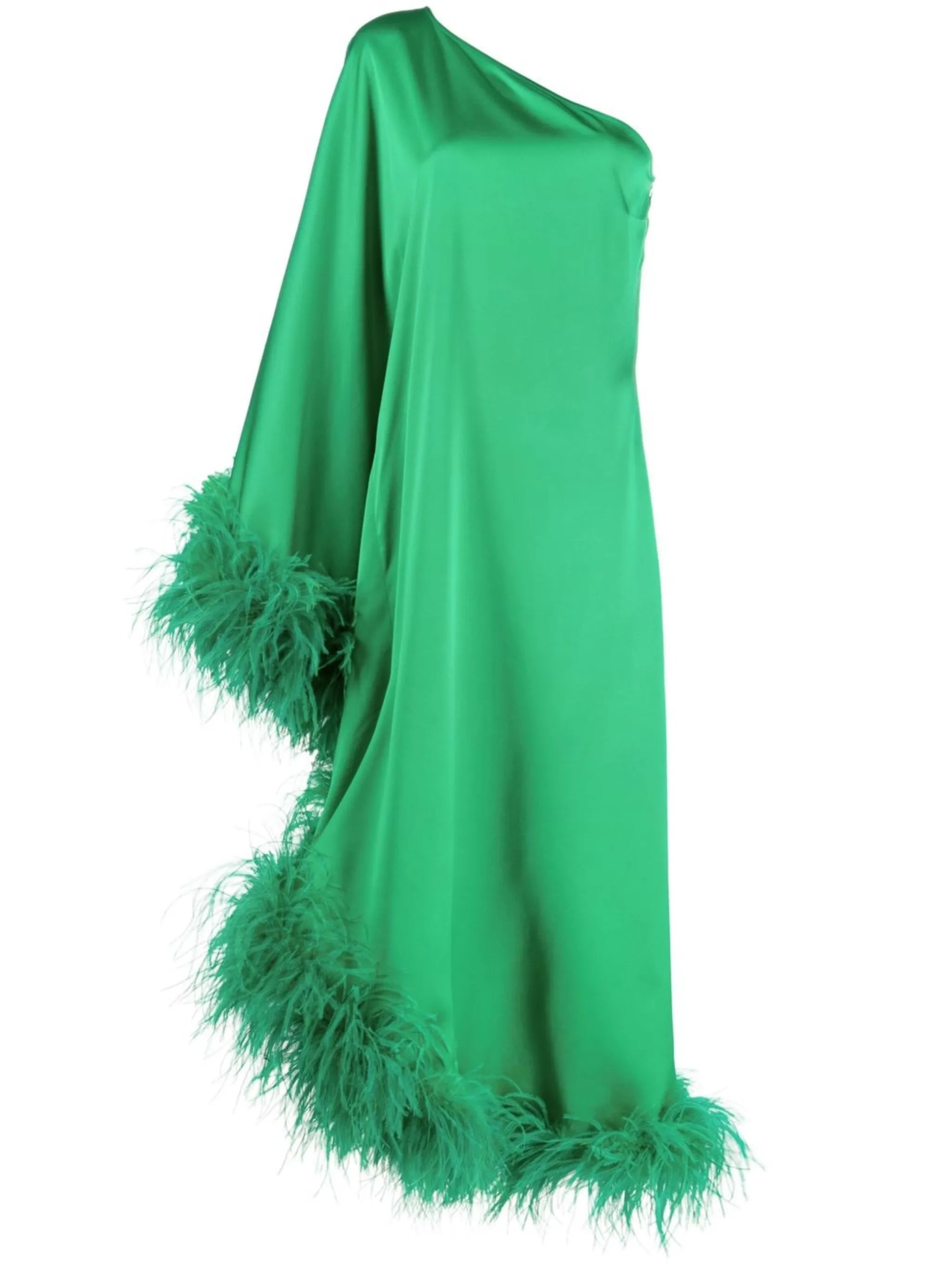 Ubud one-shoulder feather-trim gown