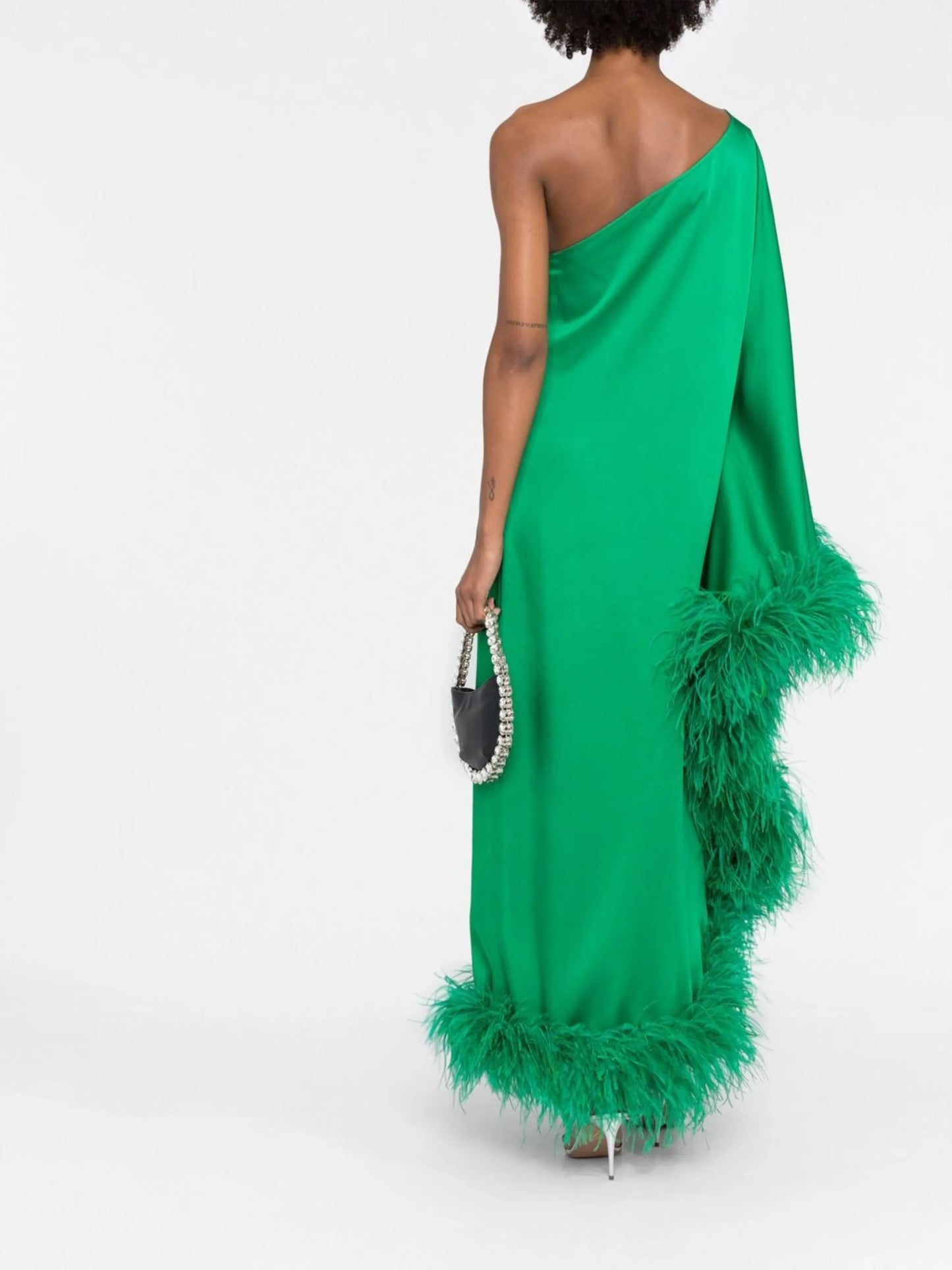 Ubud one-shoulder feather-trim gown