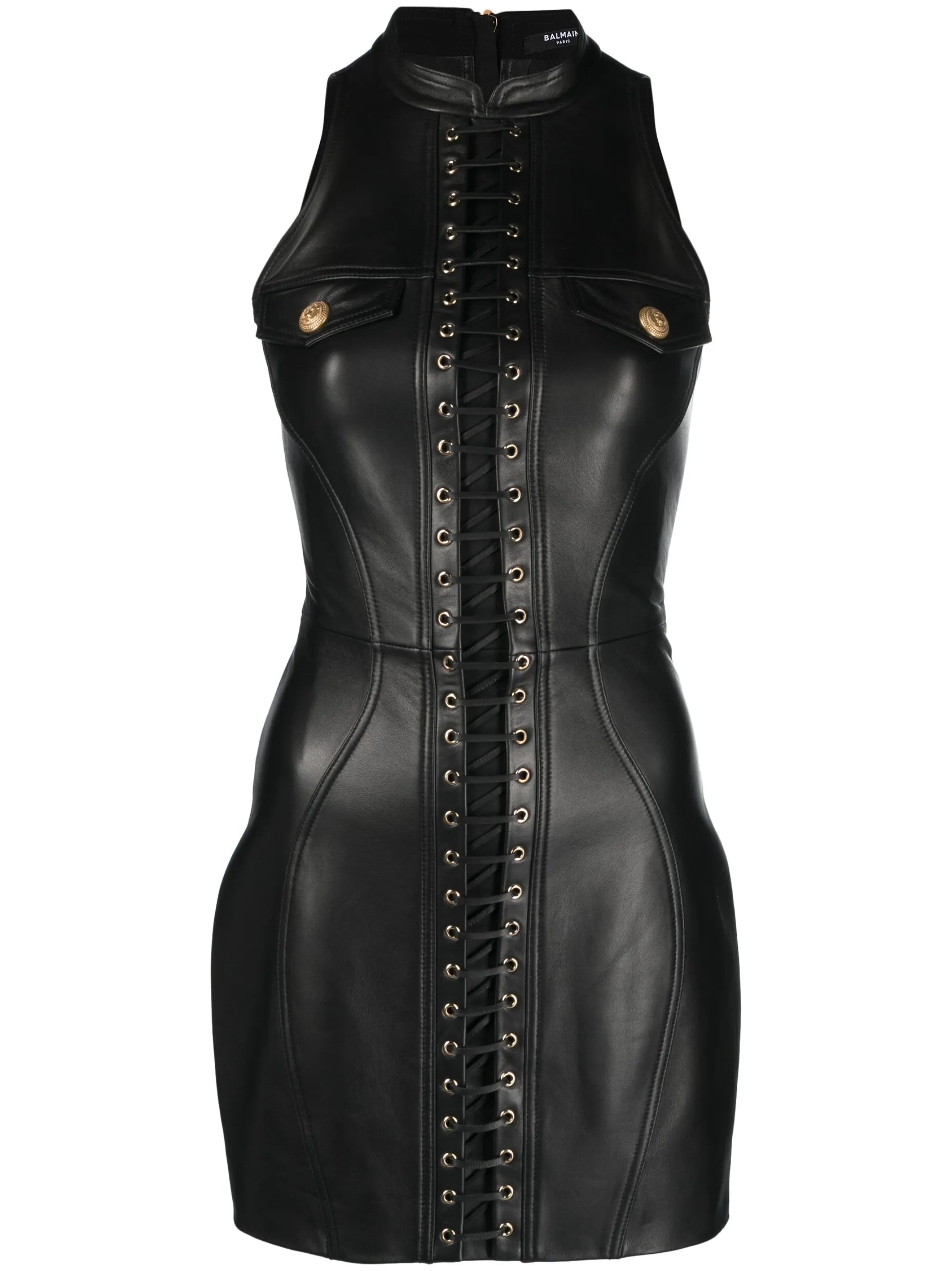 sleeveless leather minidress
