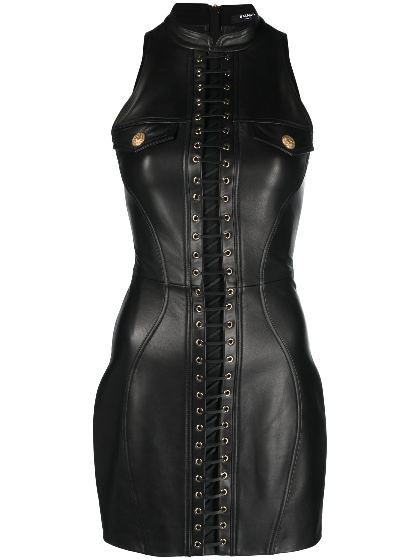 sleeveless leather minidress