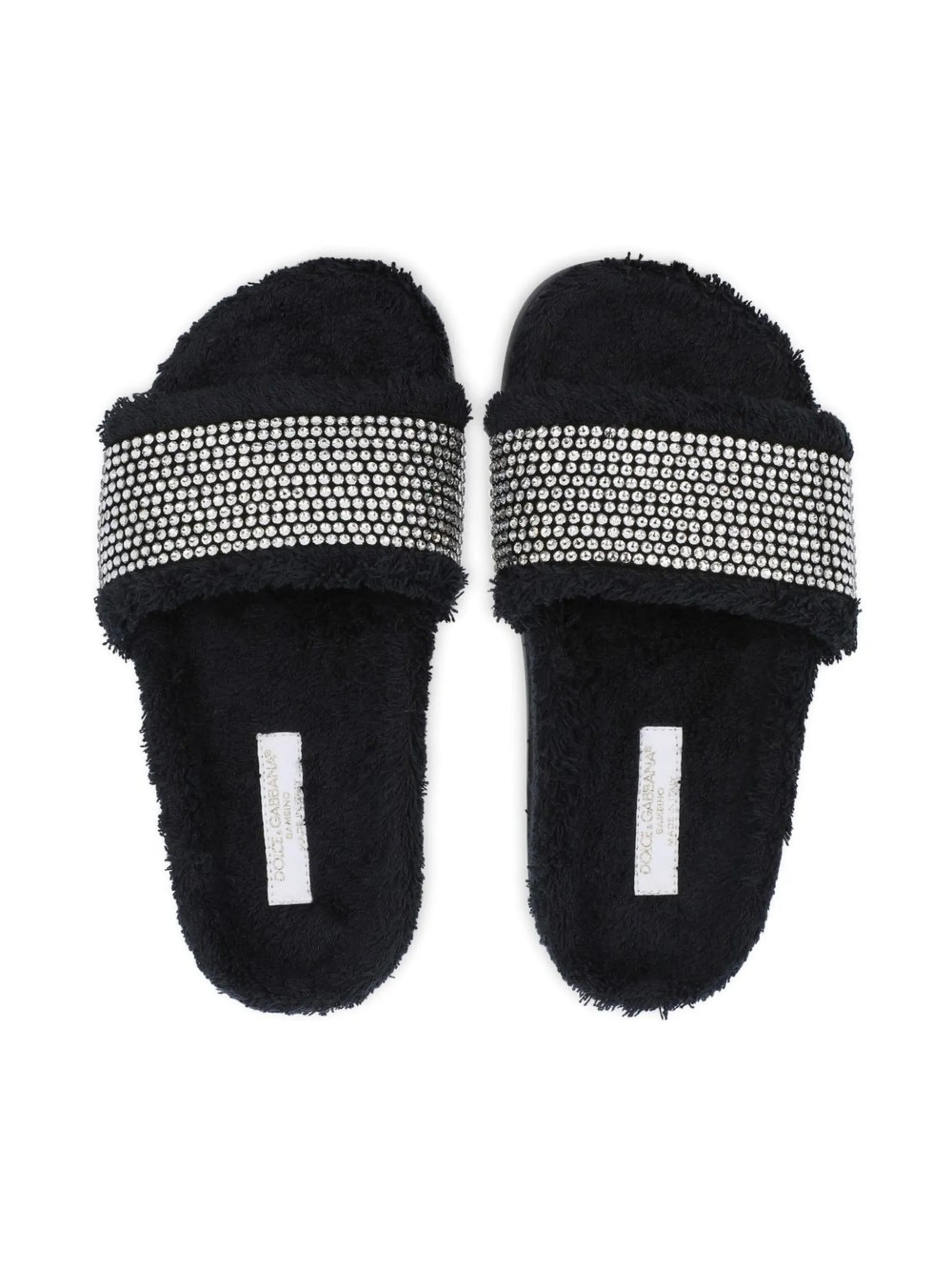 rhinestone-embellished terrycloth slides