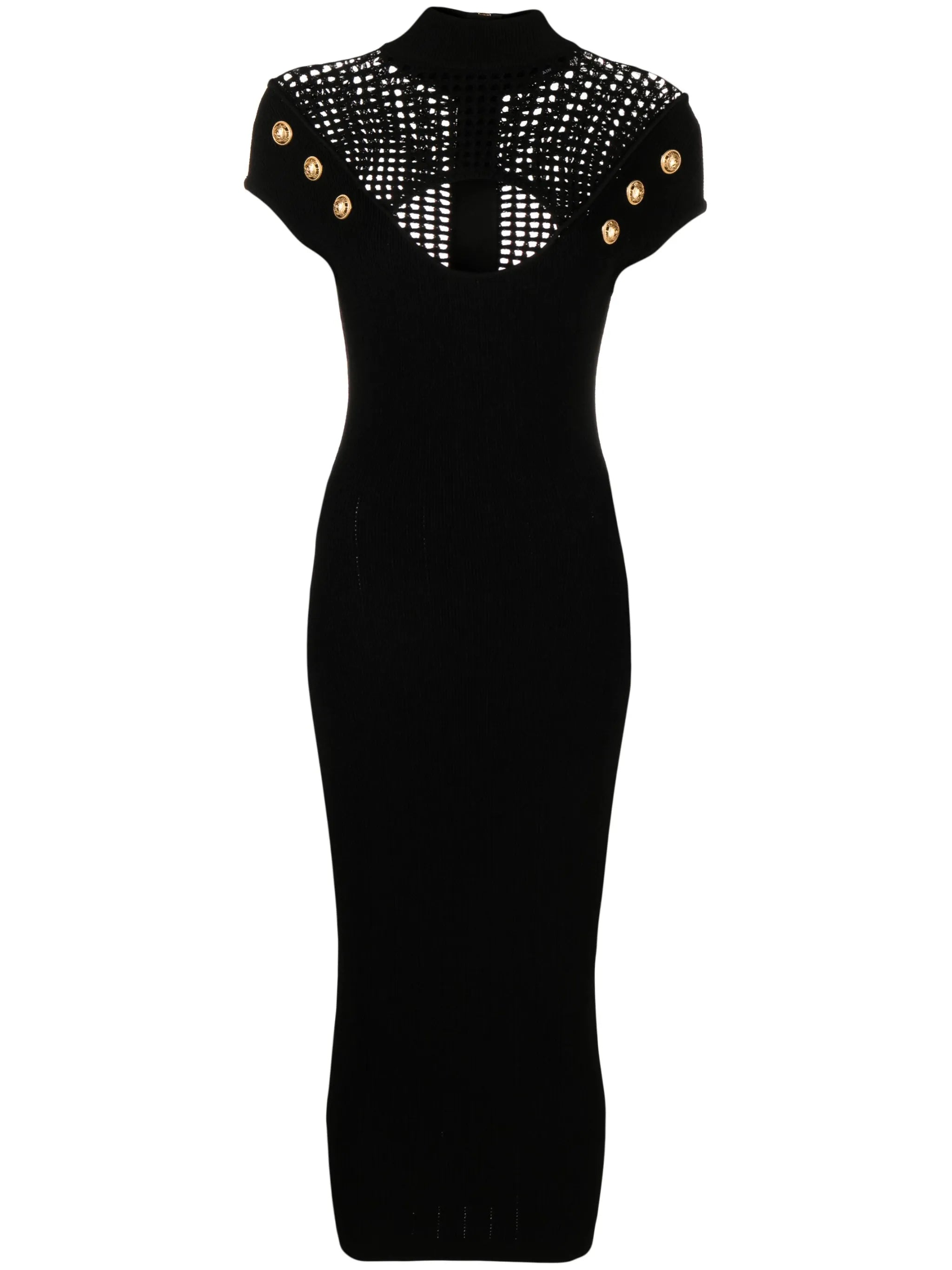 button-embellished cutout open-knit midi dress