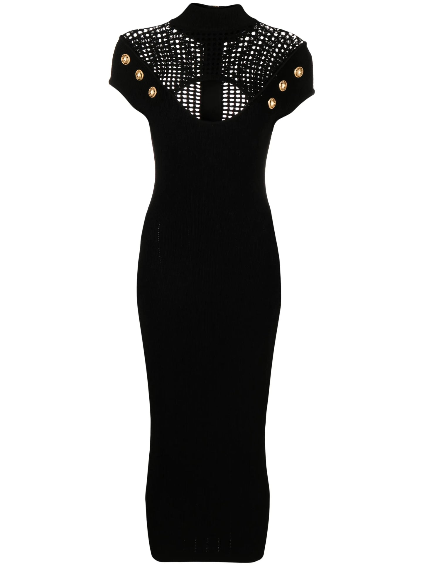 button-embellished cutout open-knit midi dress