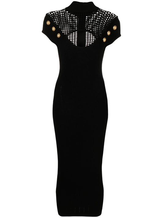 button-embellished cutout open-knit midi dress