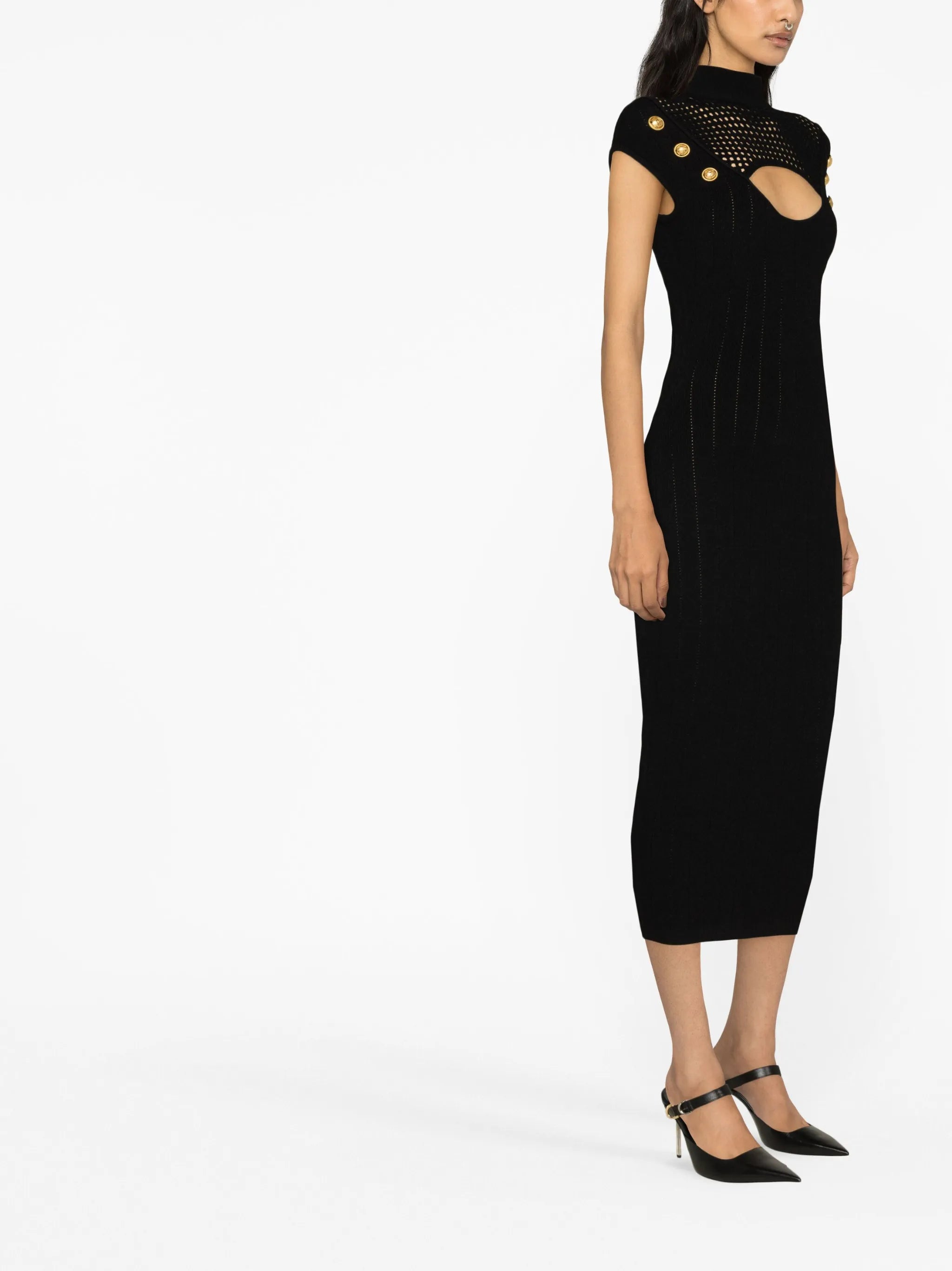 button-embellished cutout open-knit midi dress