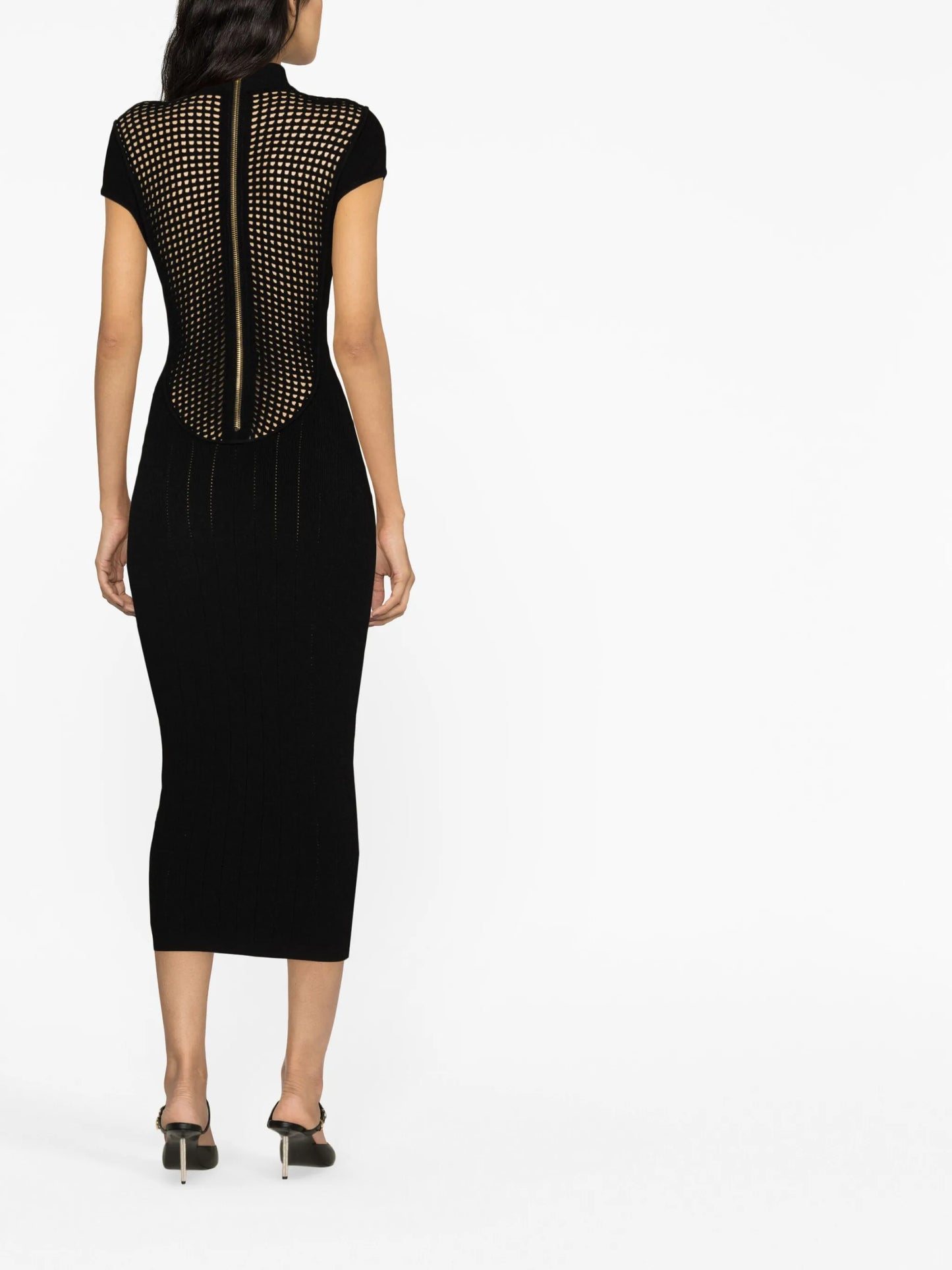 button-embellished cutout open-knit midi dress