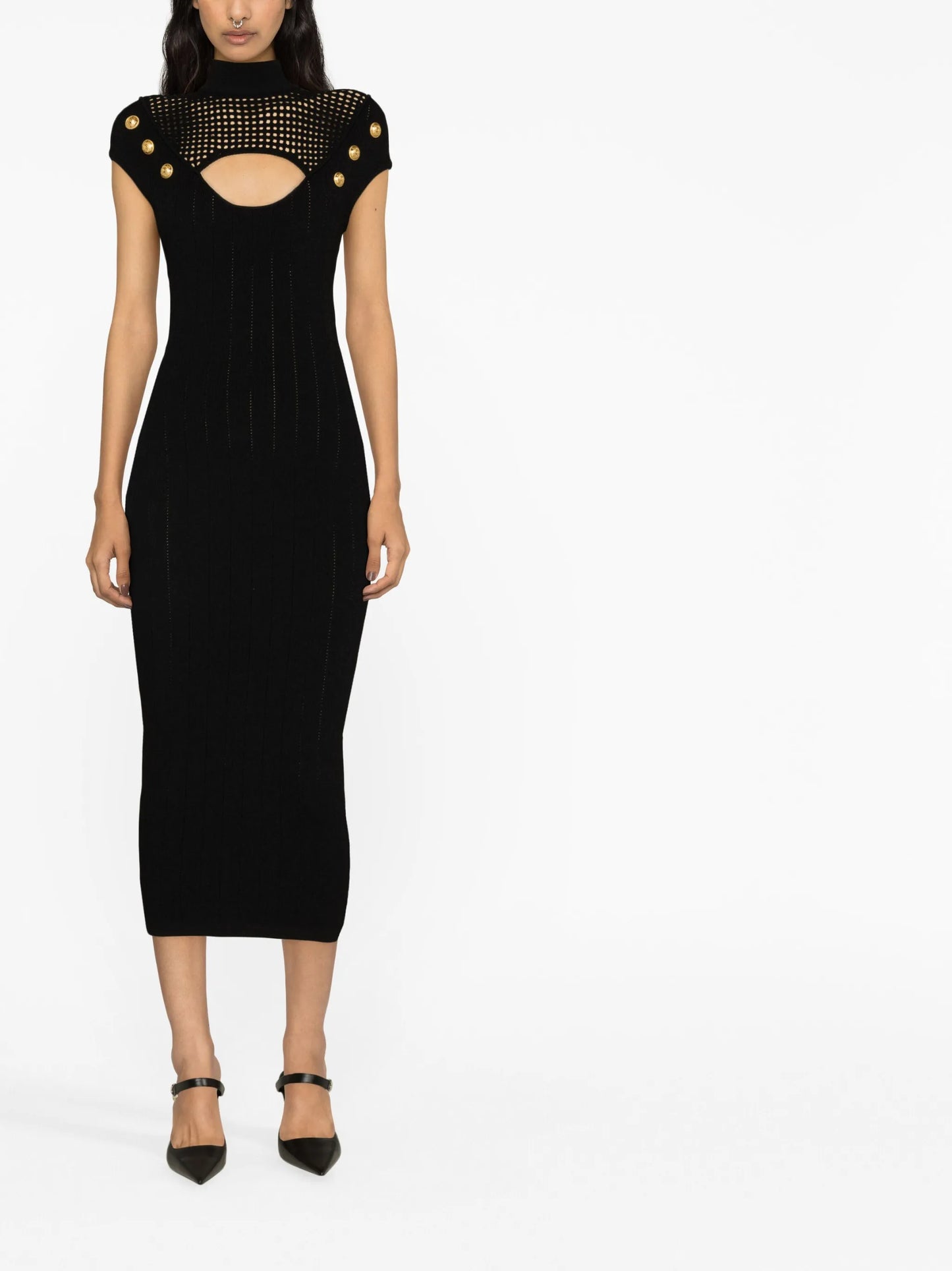 button-embellished cutout open-knit midi dress