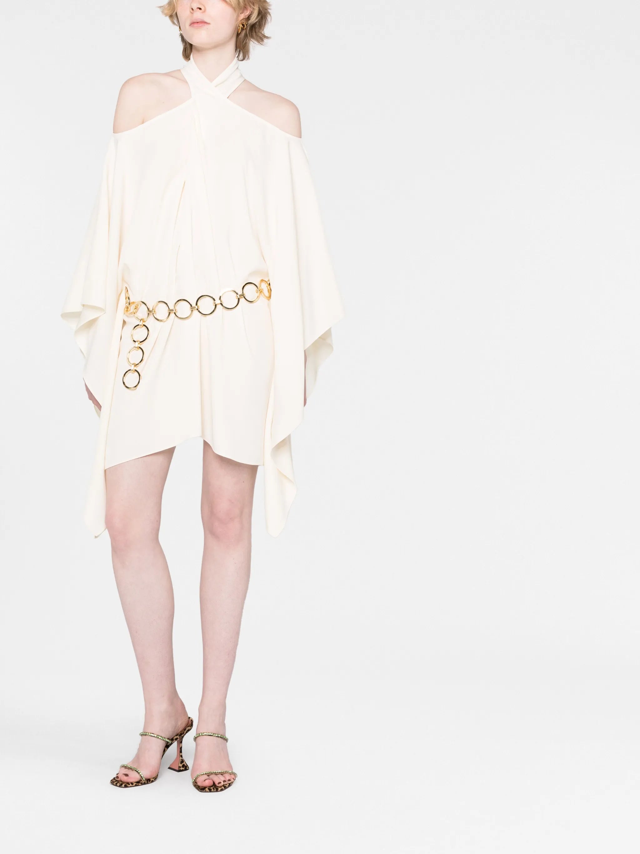 halterneck belted-waist mini dress