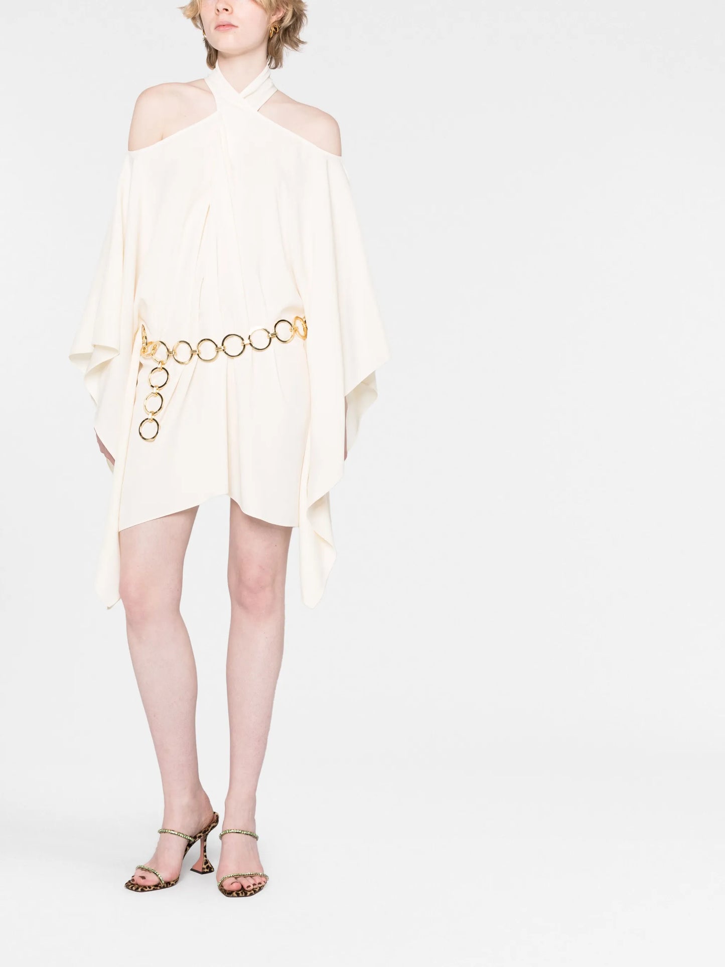 halterneck belted-waist mini dress