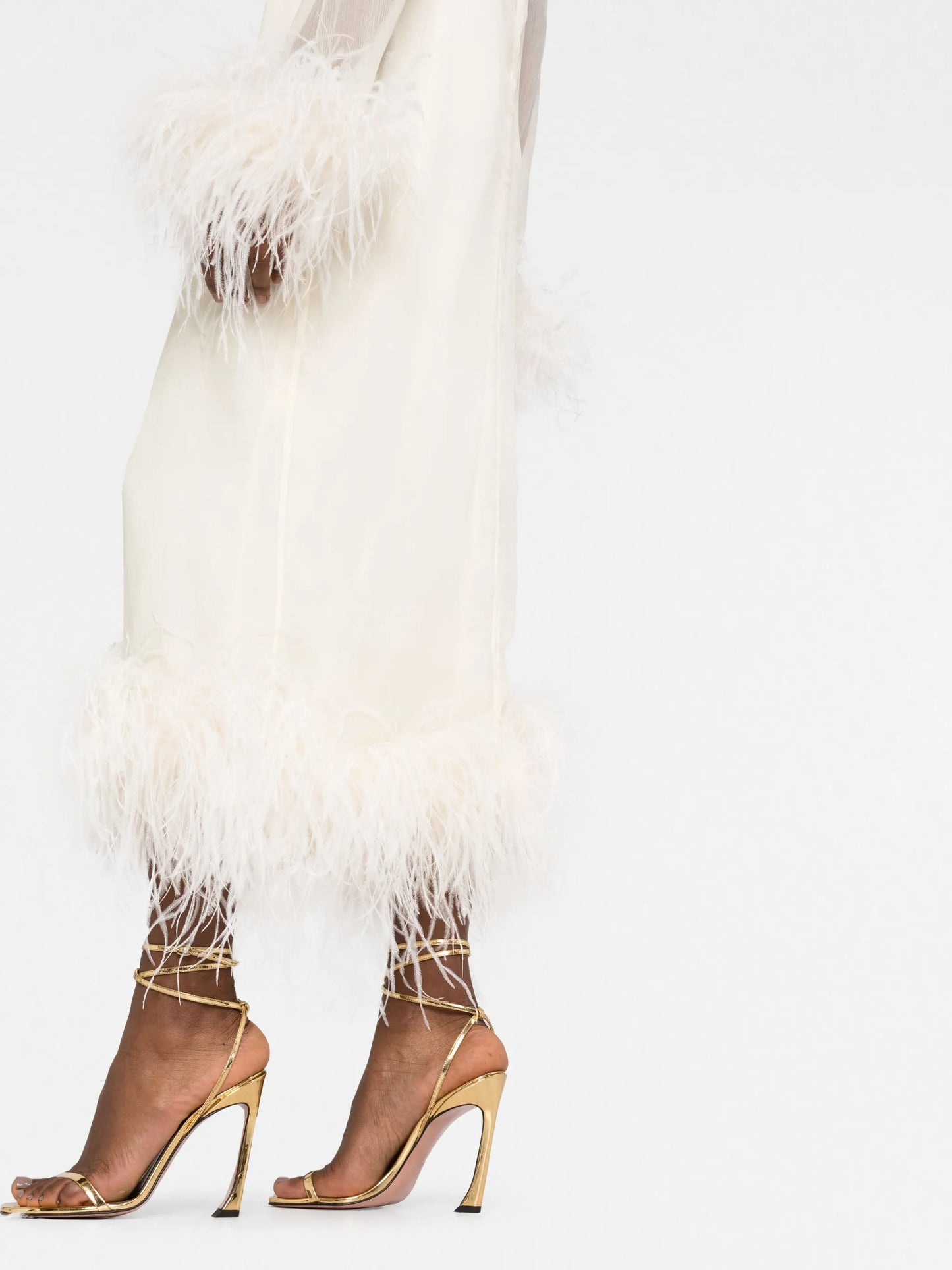 feather-trim long-sleeve dress