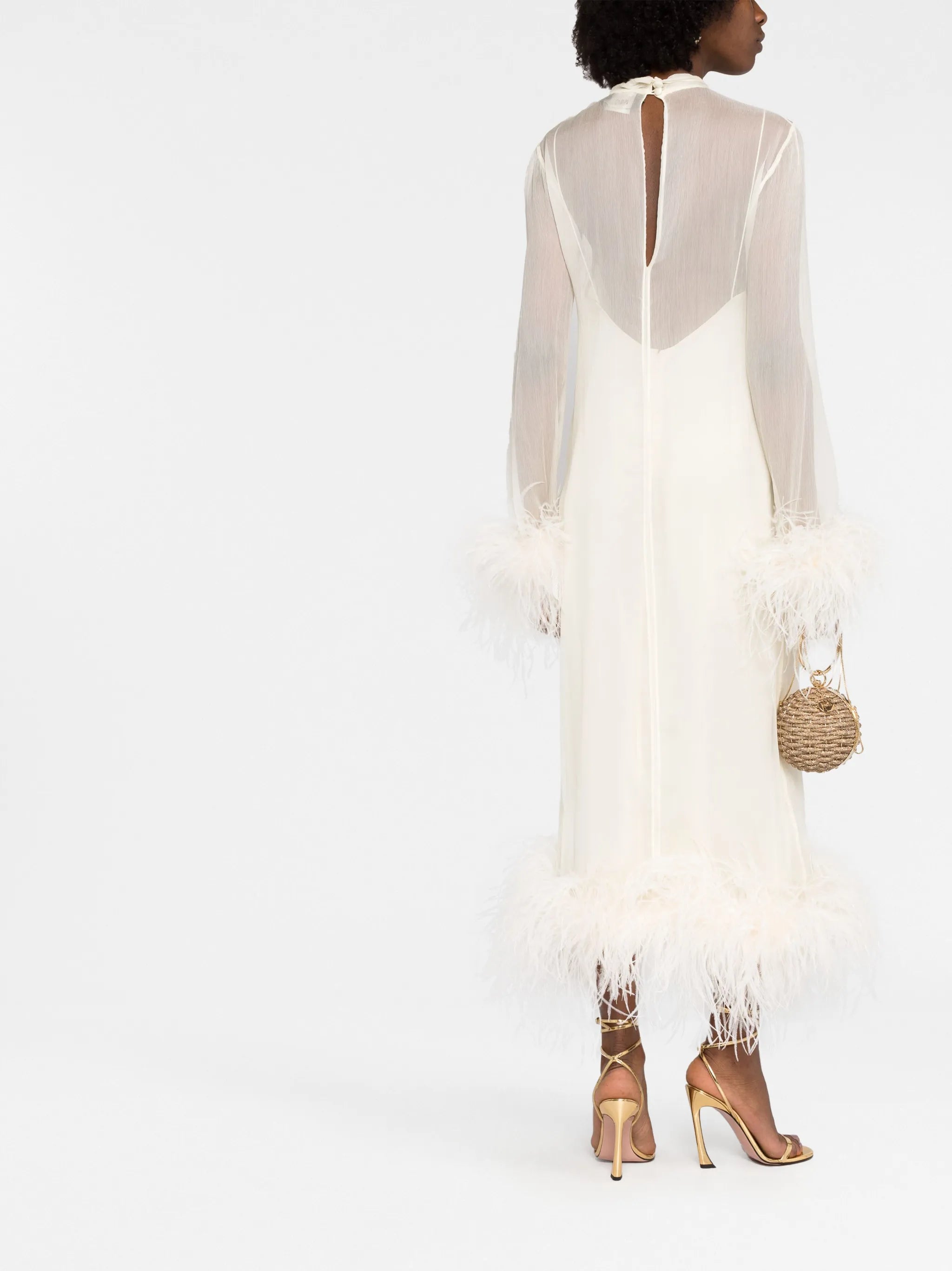 feather-trim long-sleeve dress