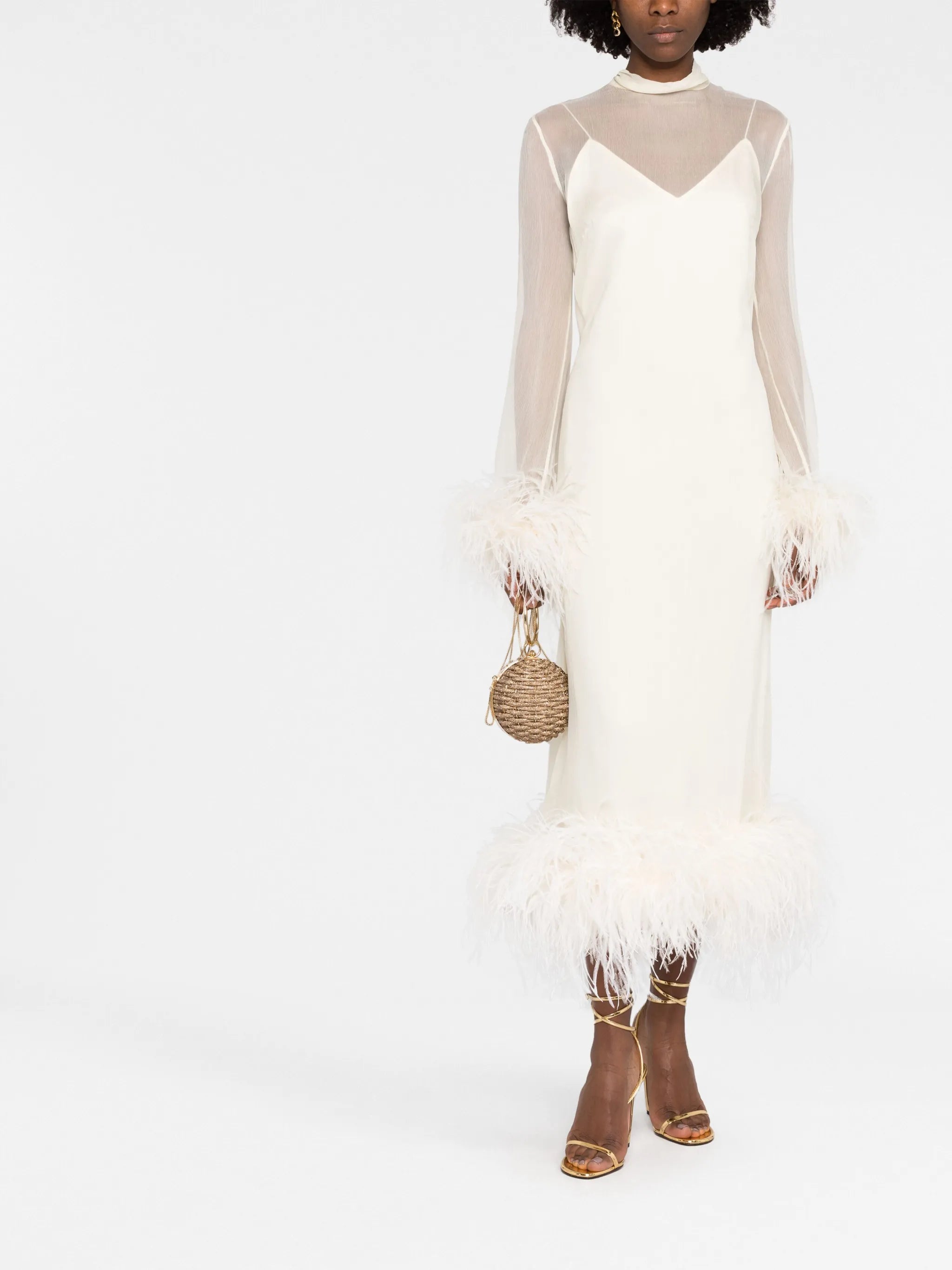 feather-trim long-sleeve dress