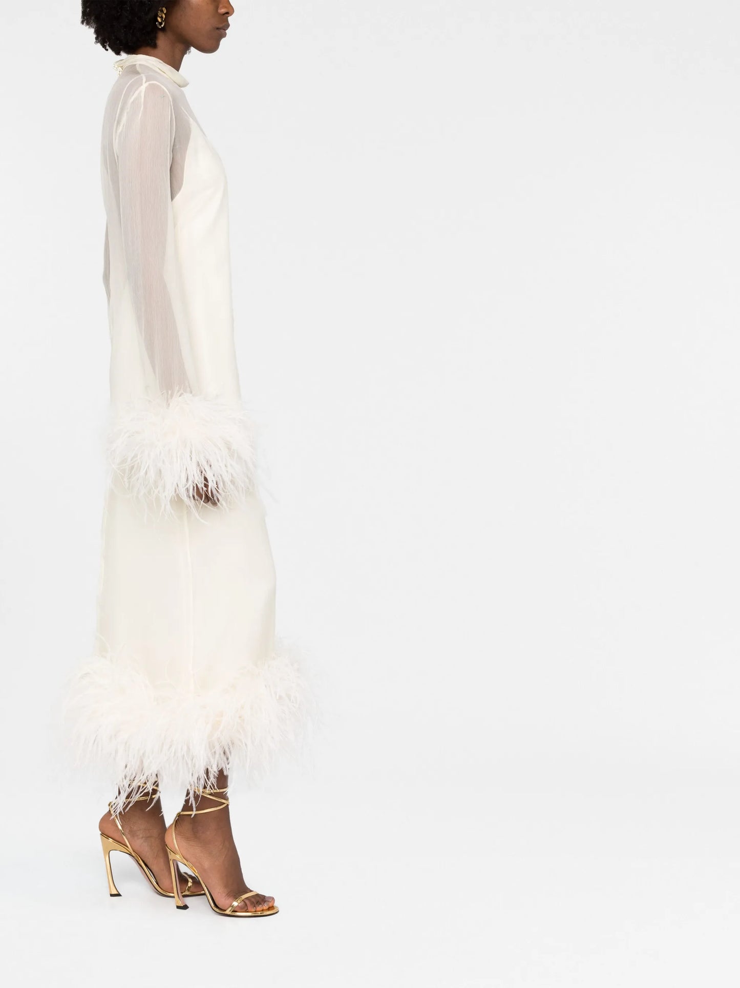 feather-trim long-sleeve dress