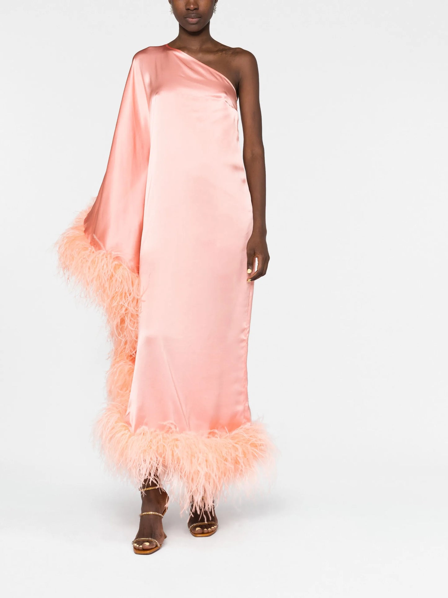 Ubud feather-trim satin gown
