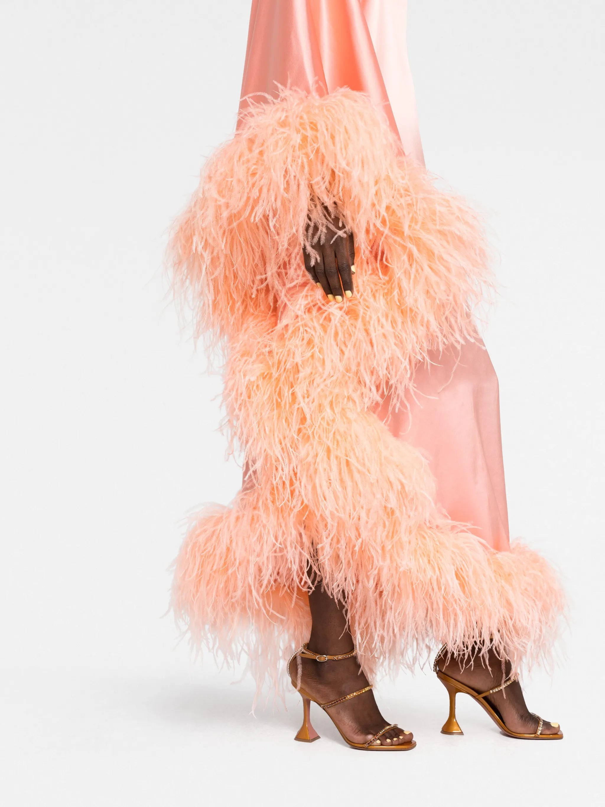 Ubud feather-trim satin gown