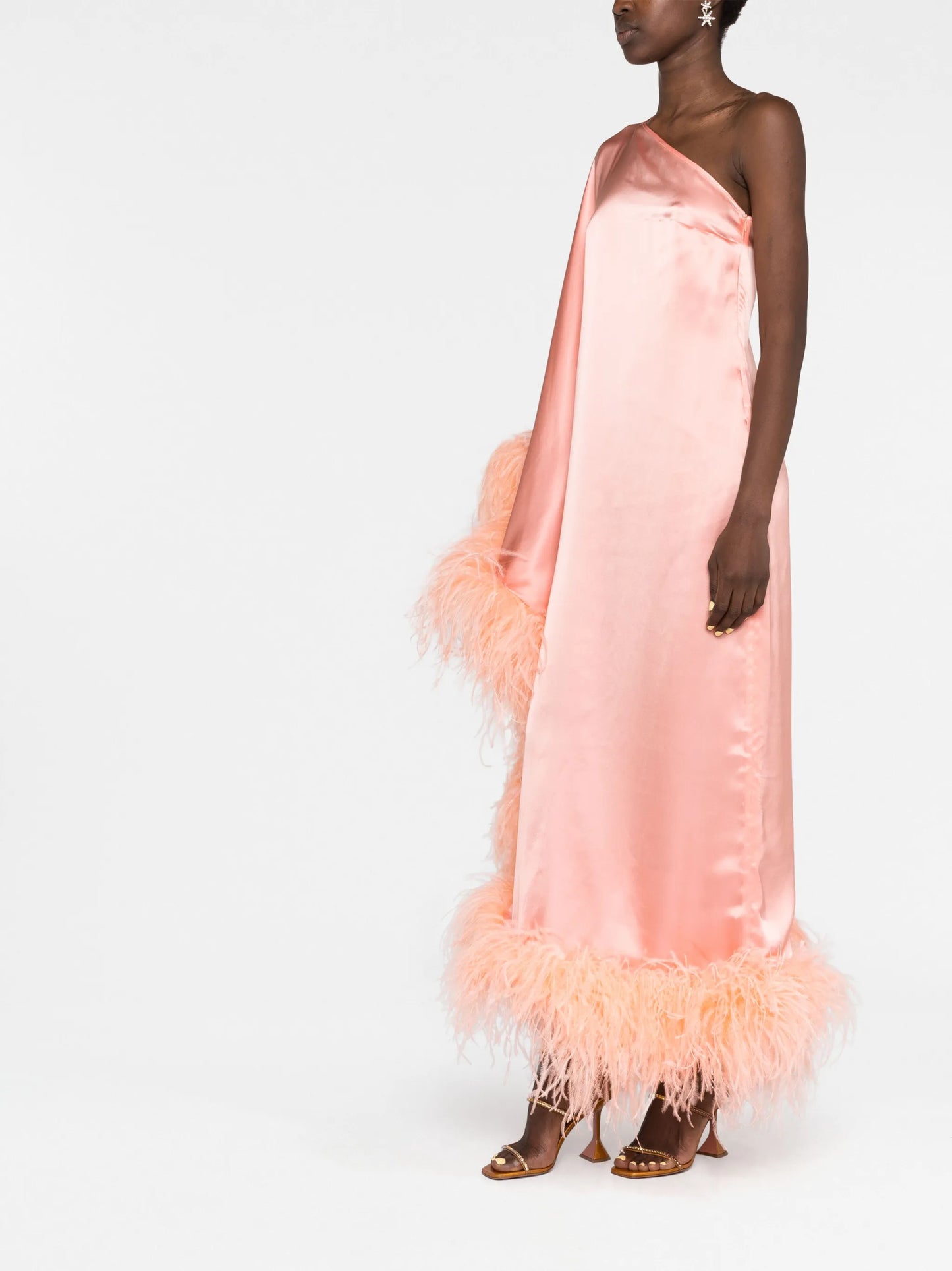 Ubud feather-trim satin gown