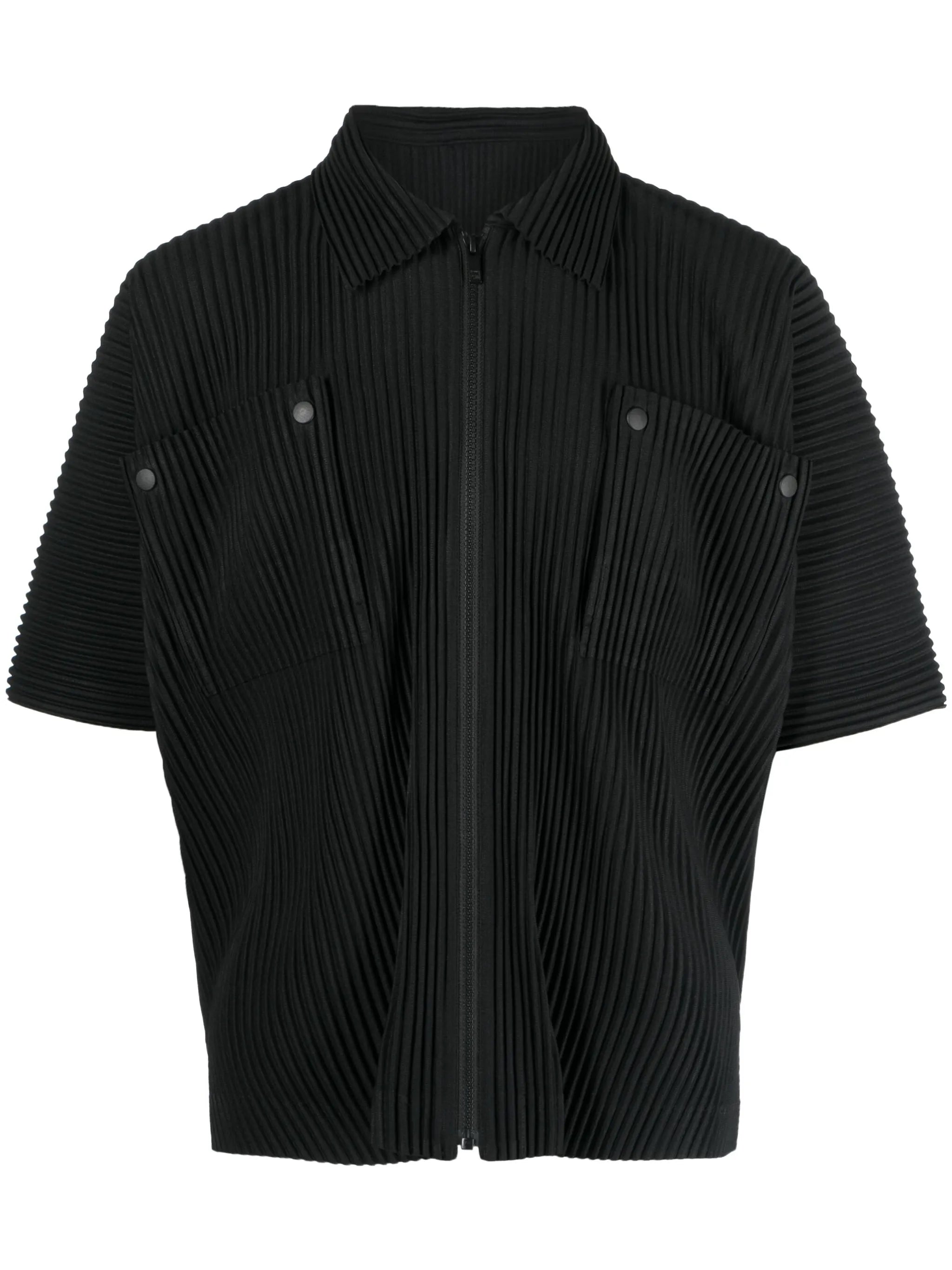 pleated short-sleeves zip-up shirt