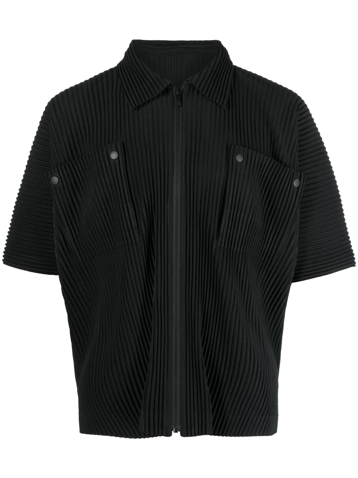 pleated short-sleeves zip-up shirt