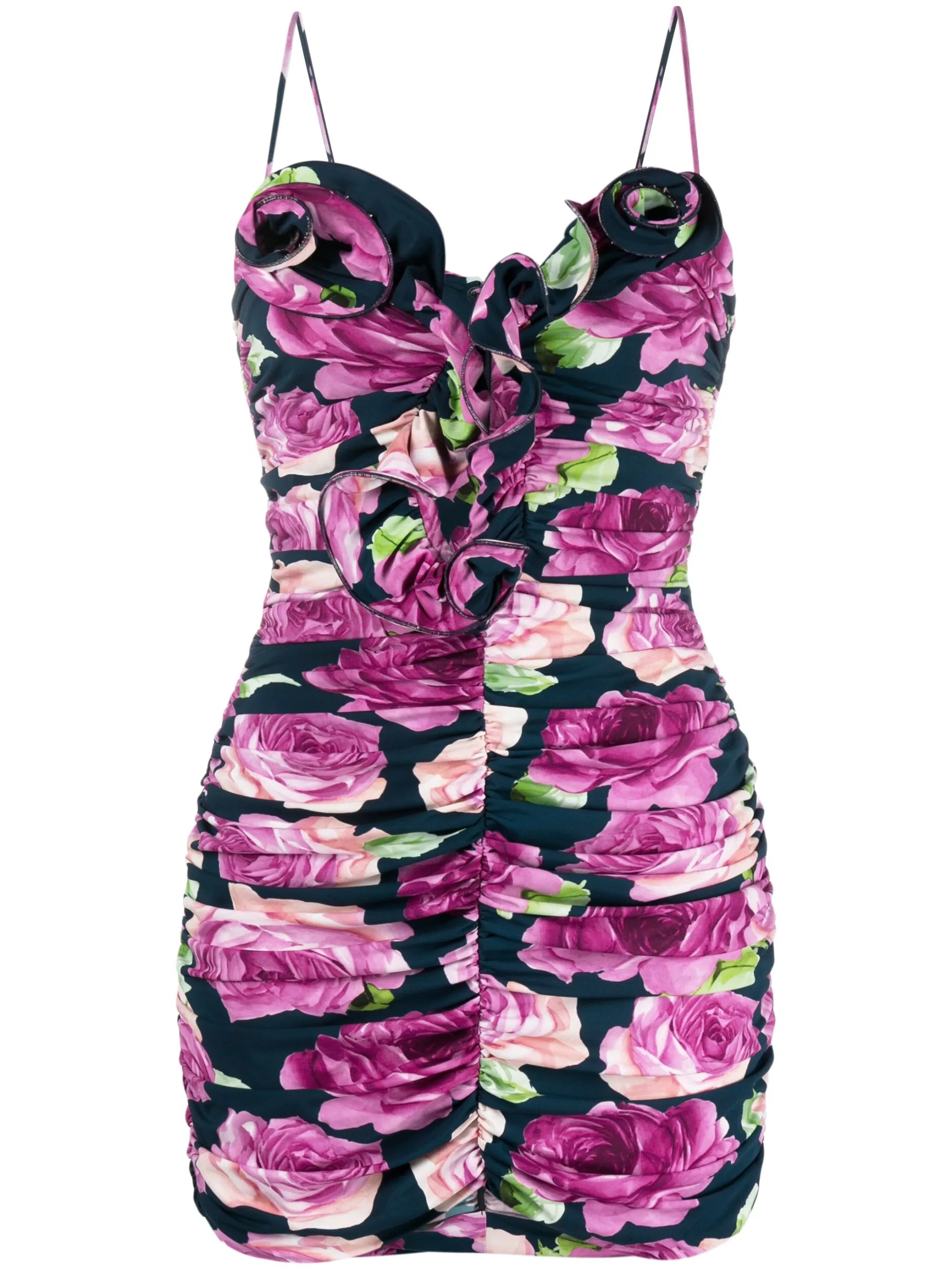 rose-appliqué ruched minidress