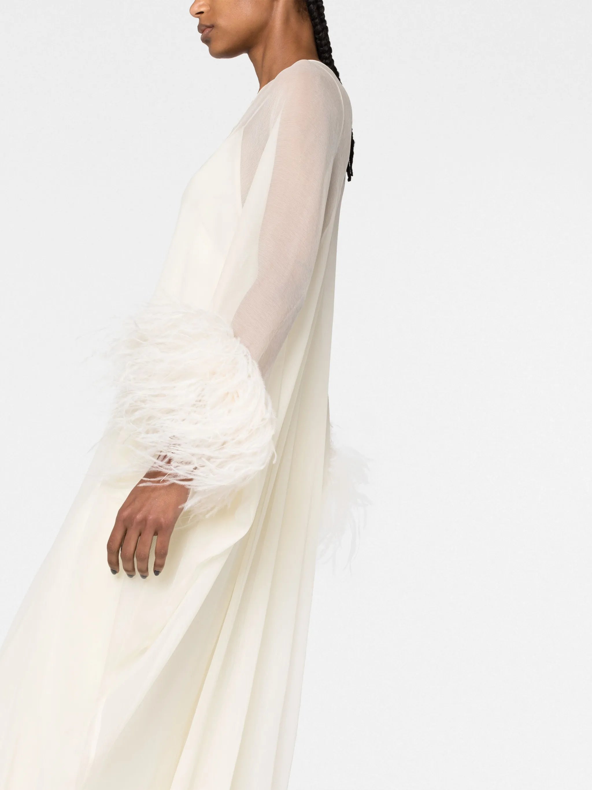 feather-trim semi-sheer dress