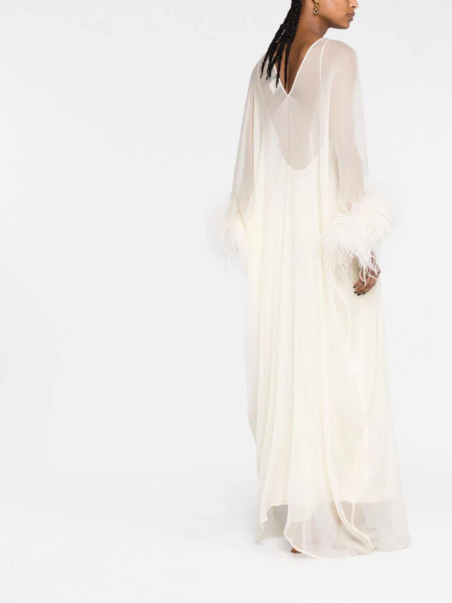 feather-trim semi-sheer dress
