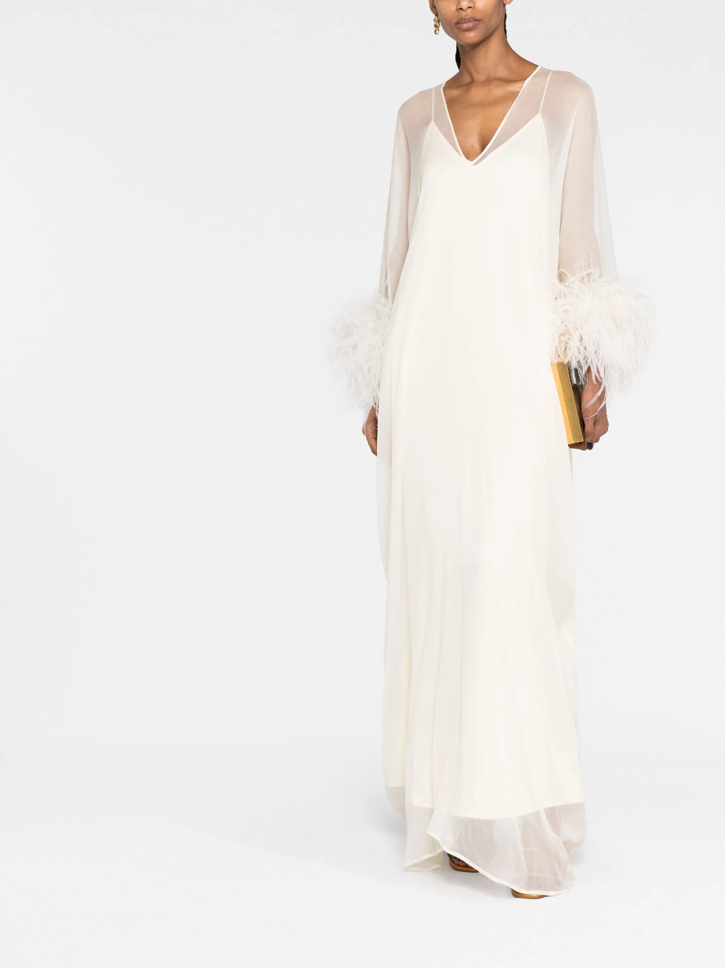 feather-trim semi-sheer dress