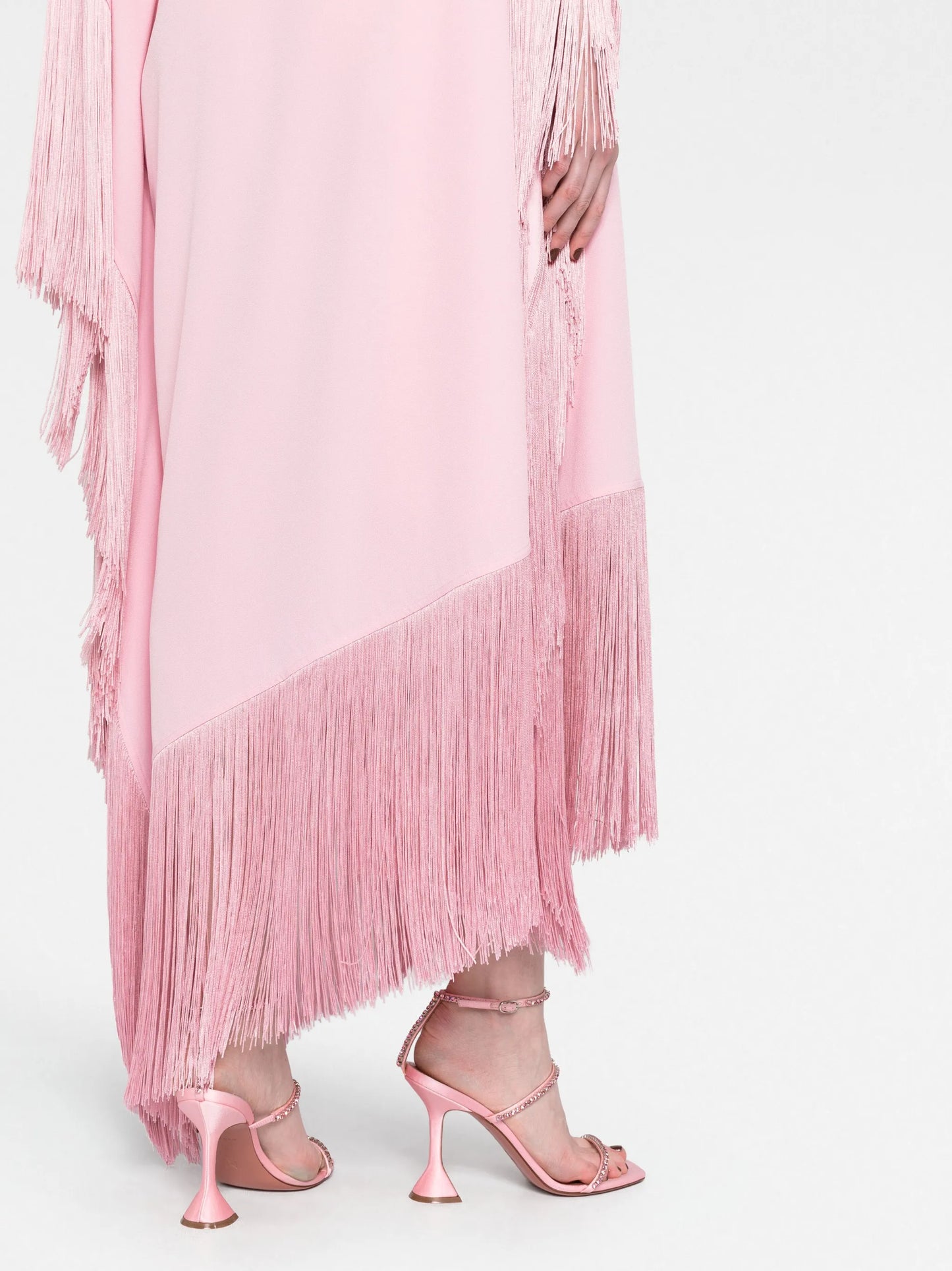 Aarons one-shoulder fringed gown