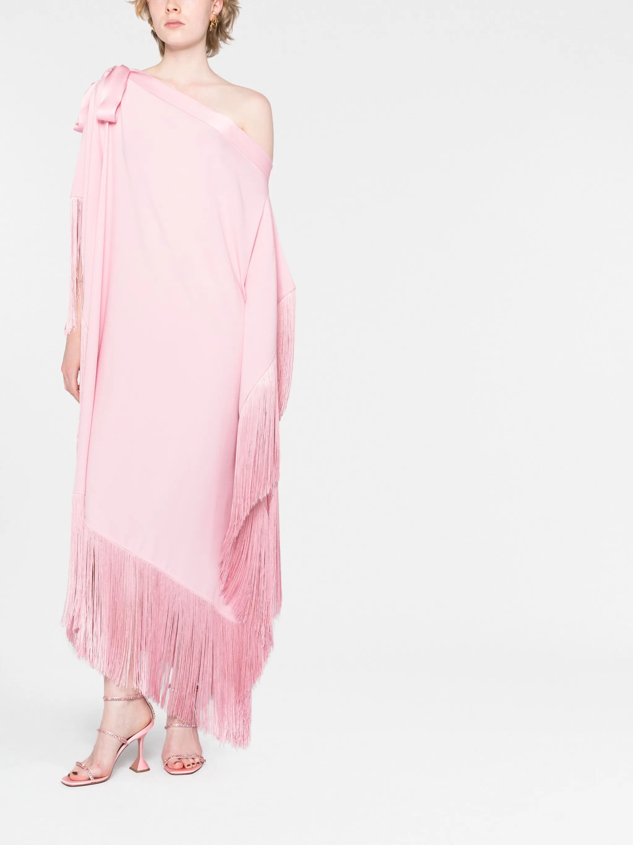 Aarons one-shoulder fringed gown