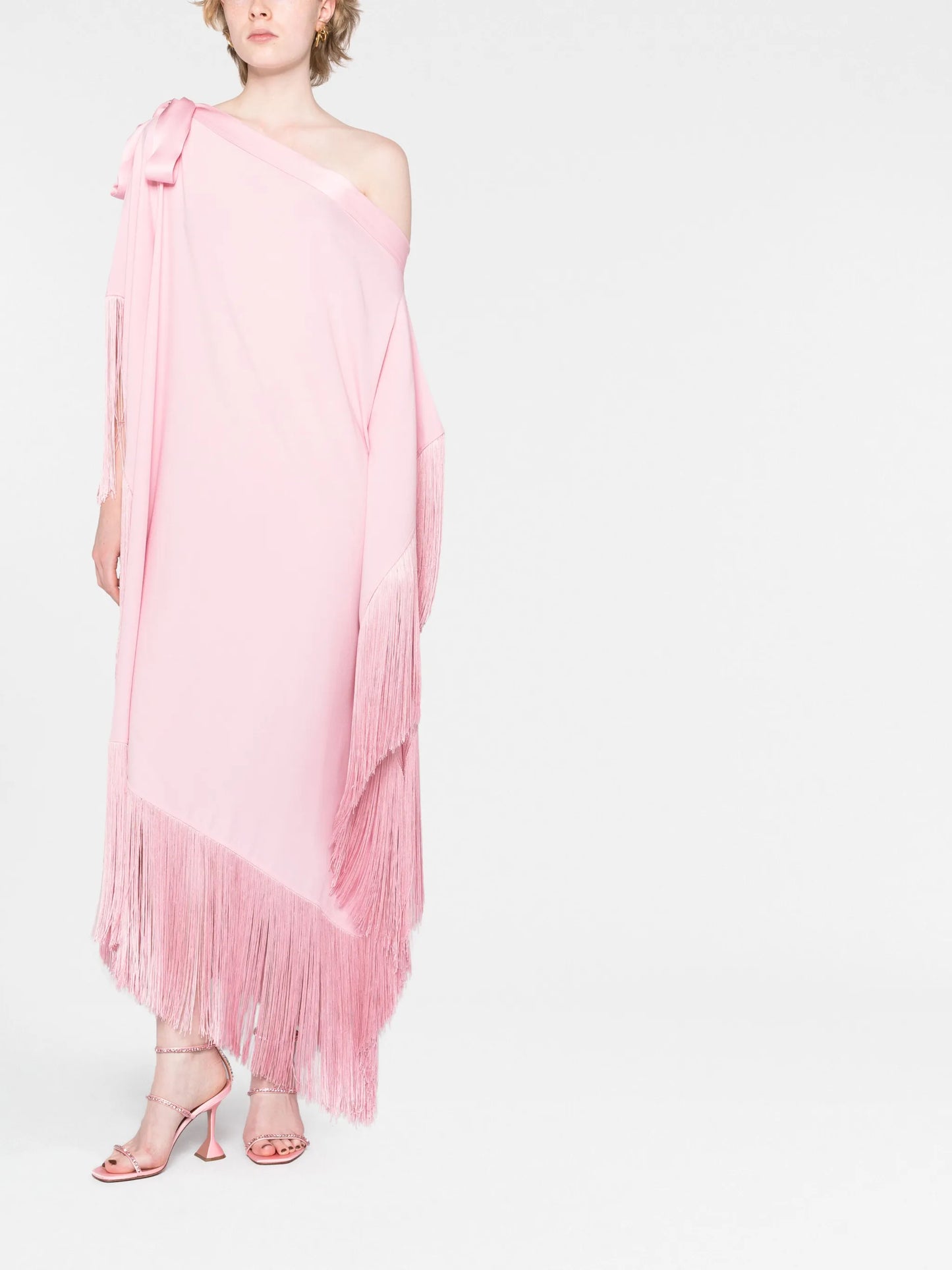 Aarons one-shoulder fringed gown