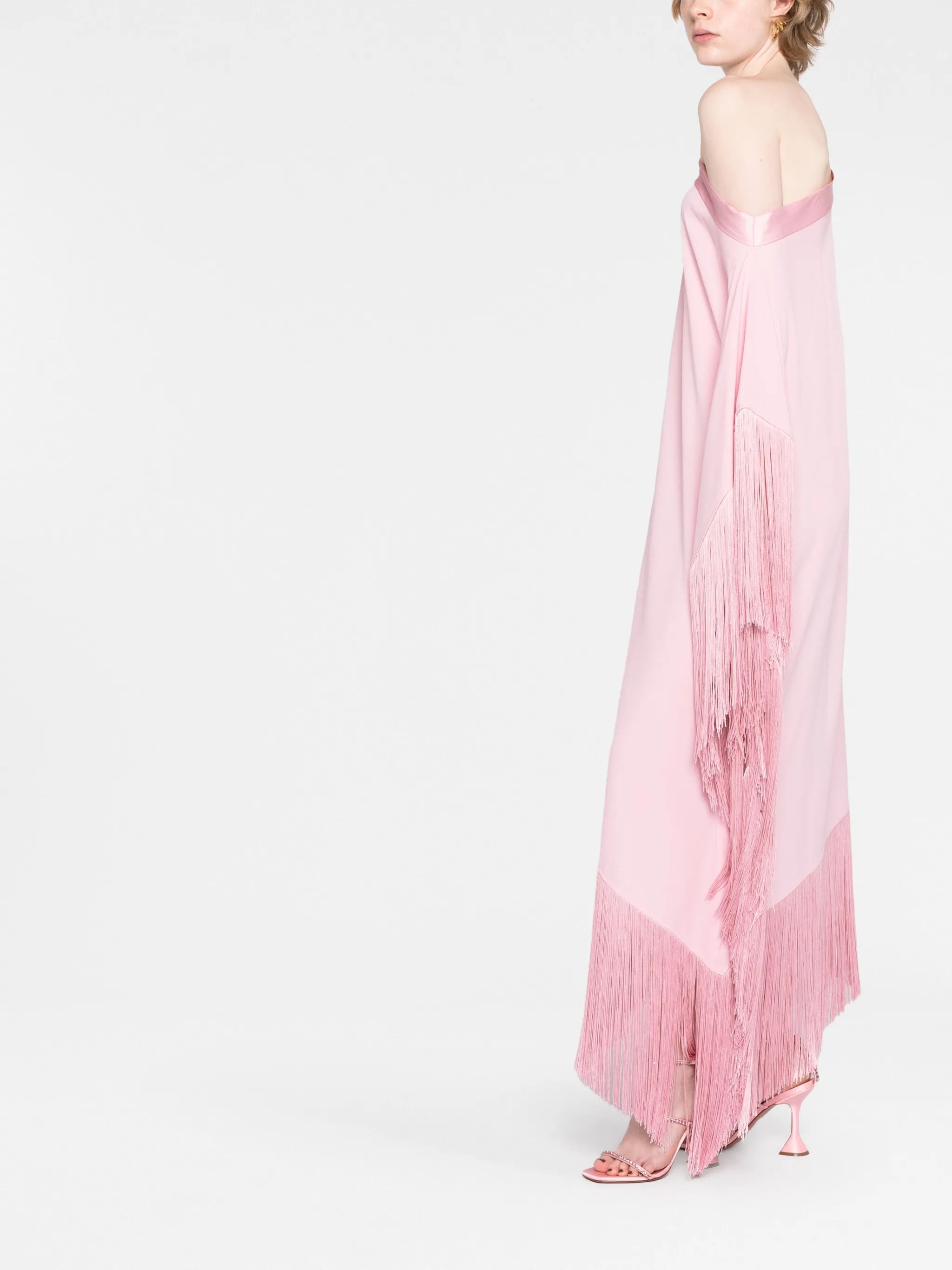 Aarons one-shoulder fringed gown