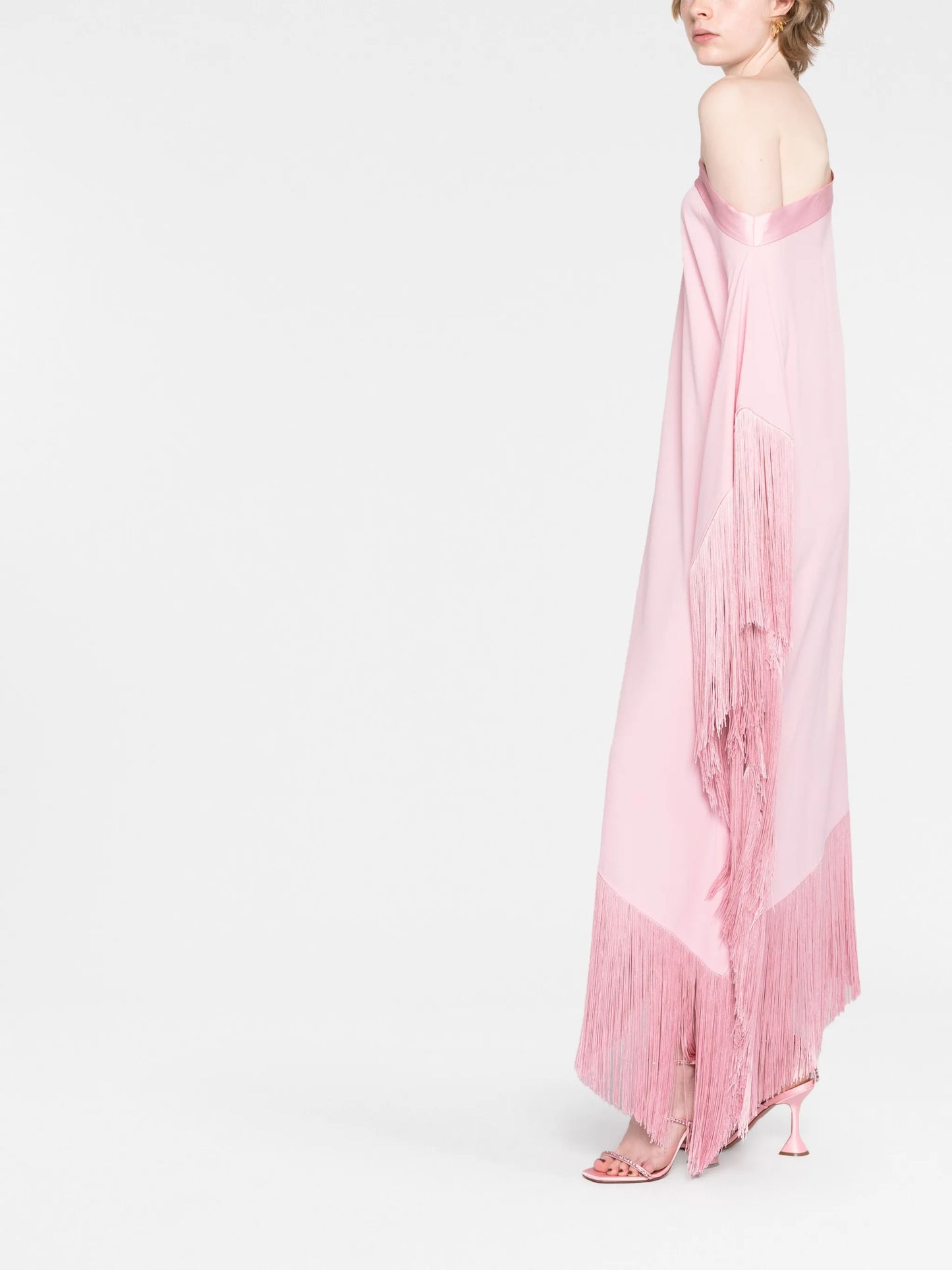 Aarons one-shoulder fringed gown