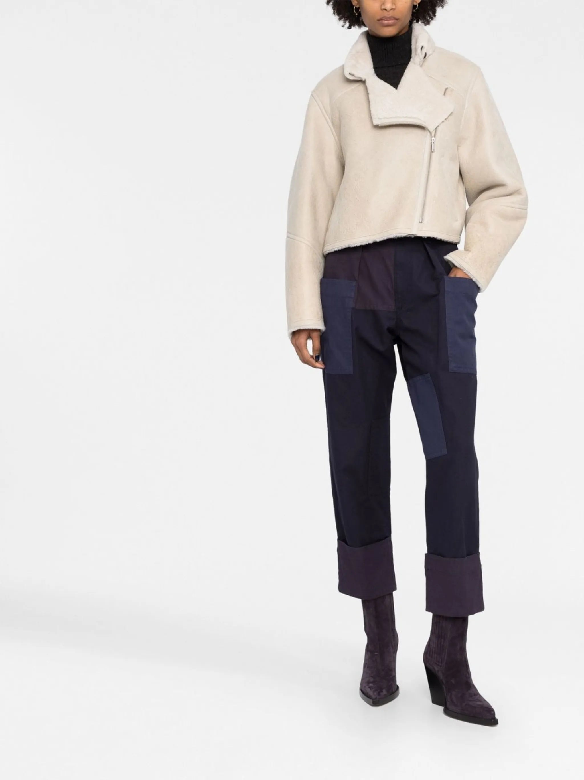 shearling-trim zip-fastening jacket