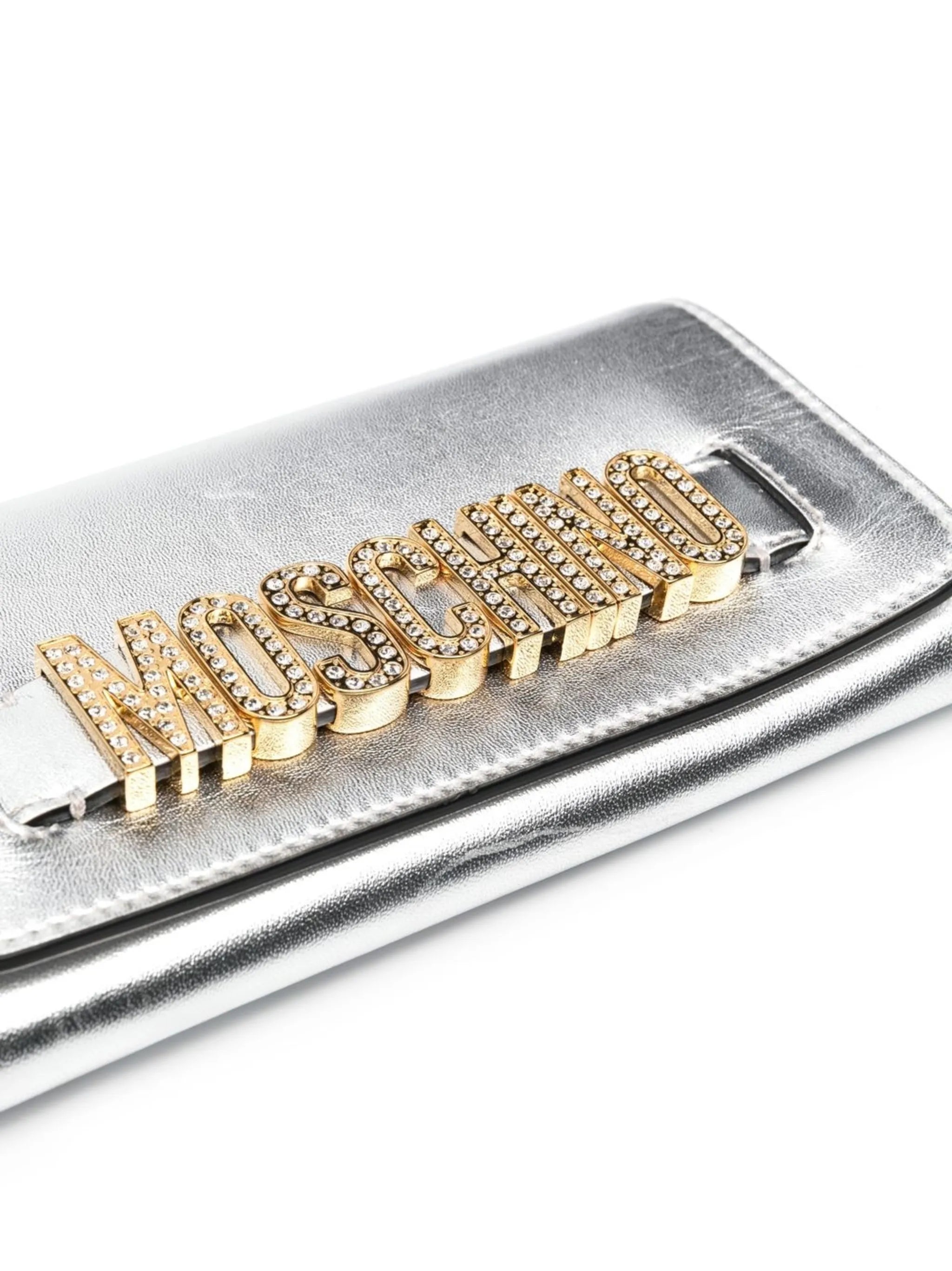 crystal-embellishment logo clutch bag