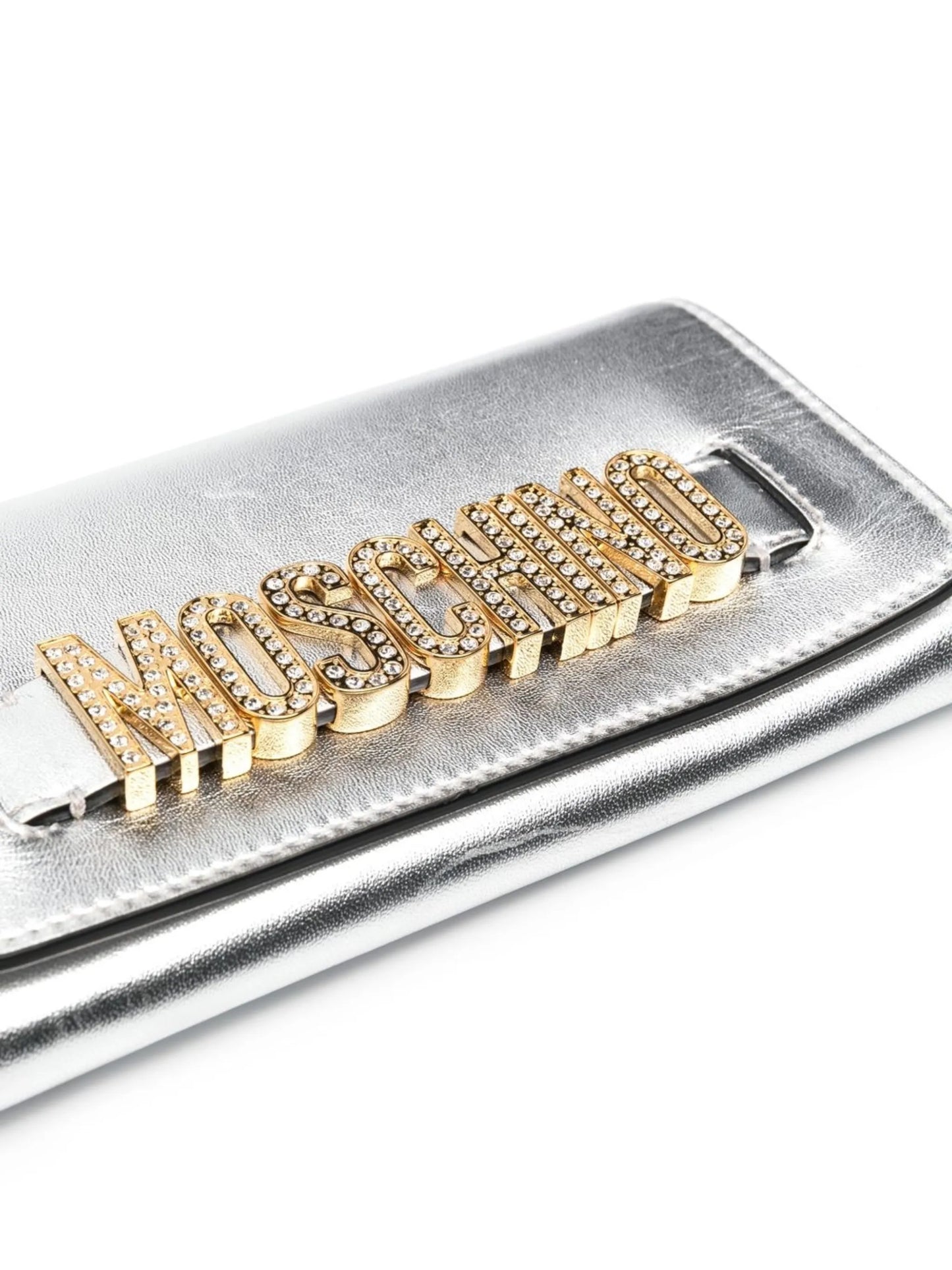 crystal-embellishment logo clutch bag